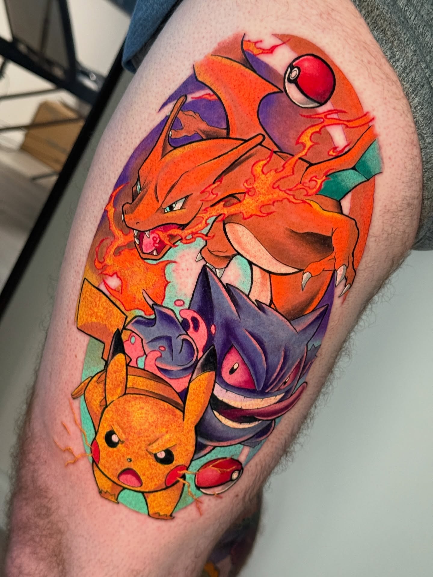 Pokémon characters anime tattoo on the thigh by Rigo4k