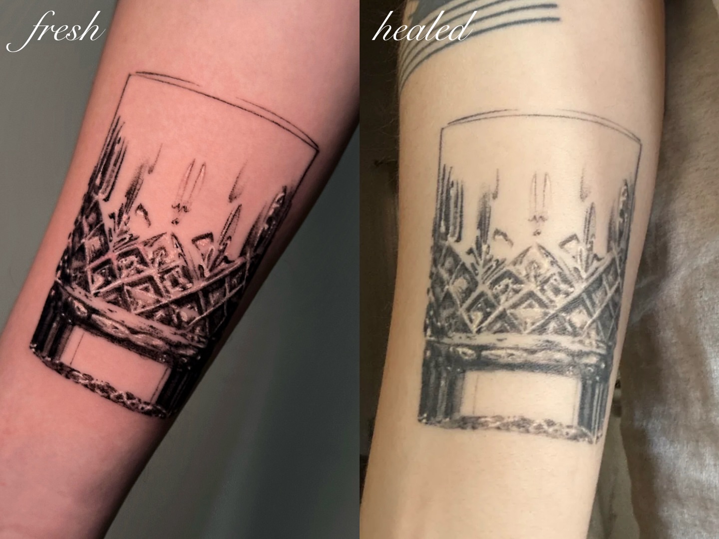 Whiskey glass black and grey tattoo on the forearm by kale