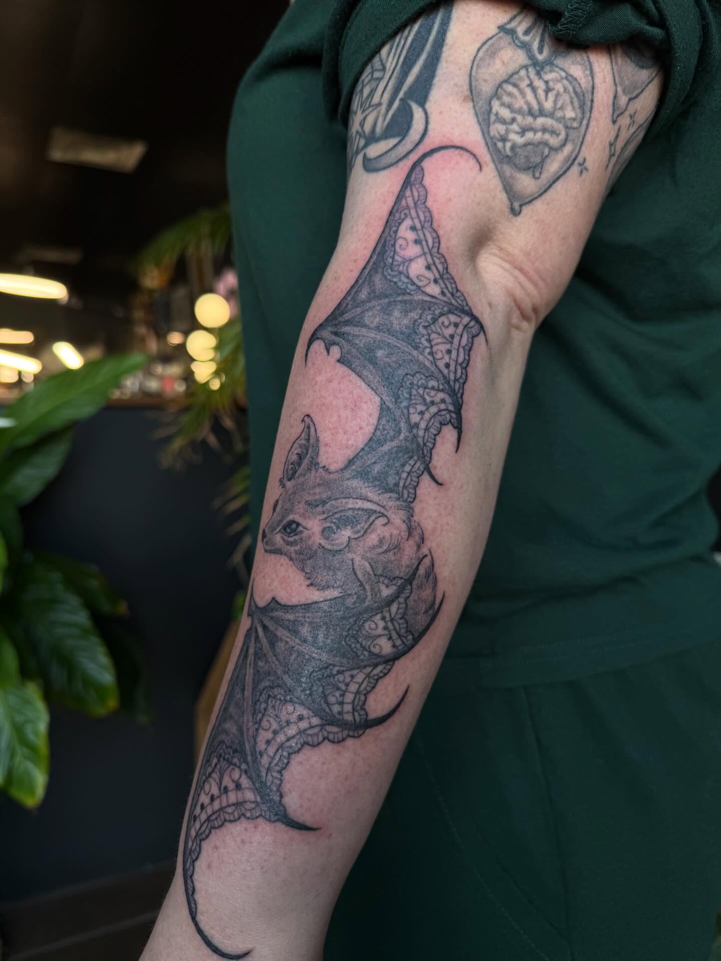Bat black and grey tattoo on the forearm by Cort Prescott 🕸 OKC Tattoo Artist, Oklahoma City, Oklahoma