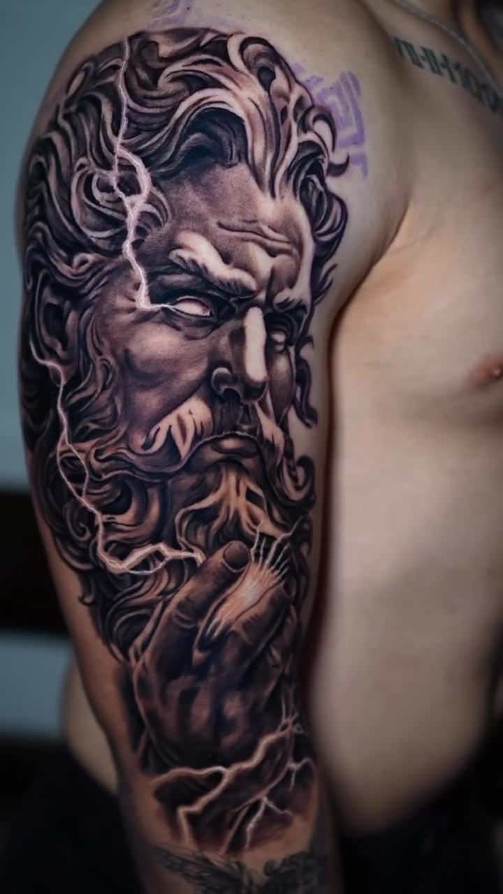Zeus portrait realism tattoo by Drex - Dallas Tattoo Artist
