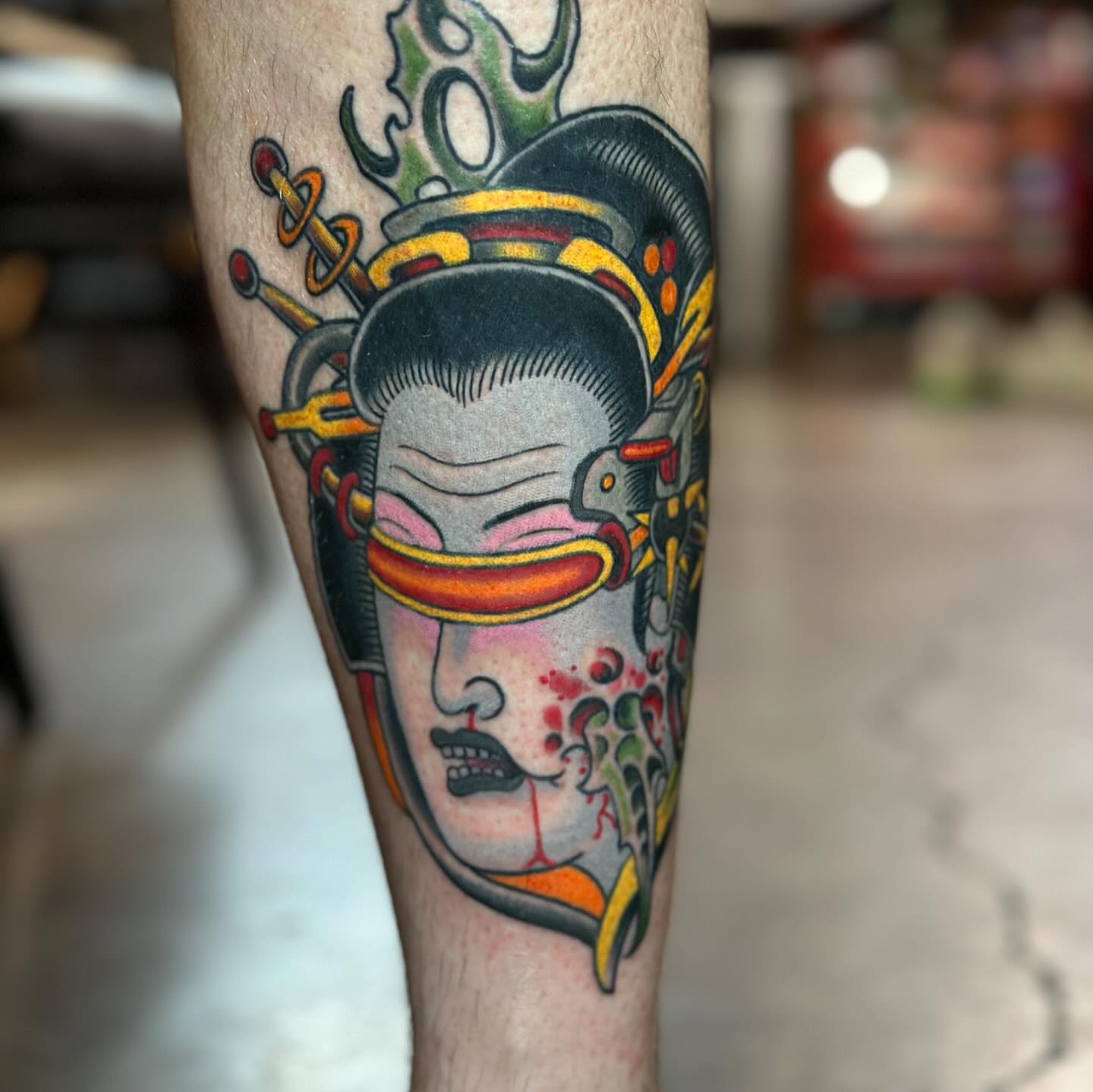 Geisha head American traditional tattoo on the forearm by Tony Medellin 7X9X