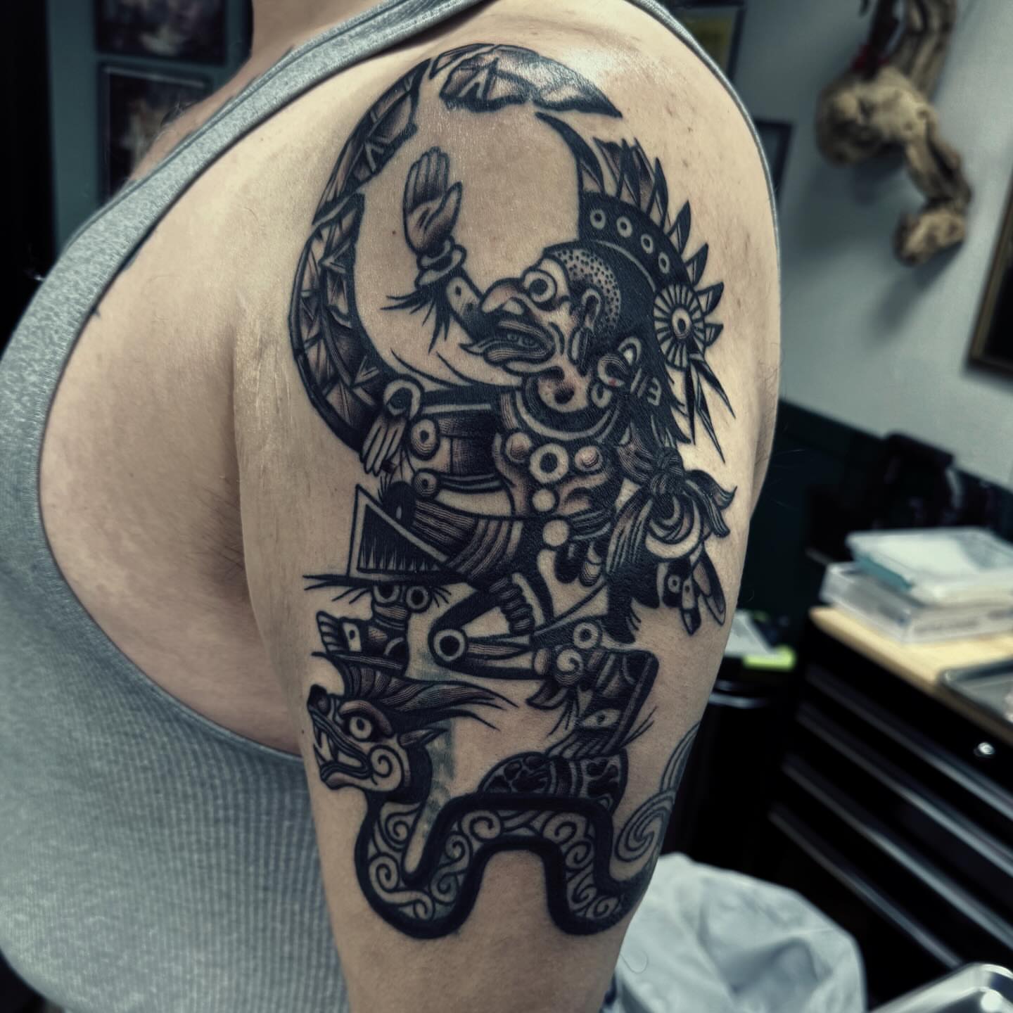 Mexican deity tribal tattoo on the shoulder by 🌙Jose Maldonado🌙