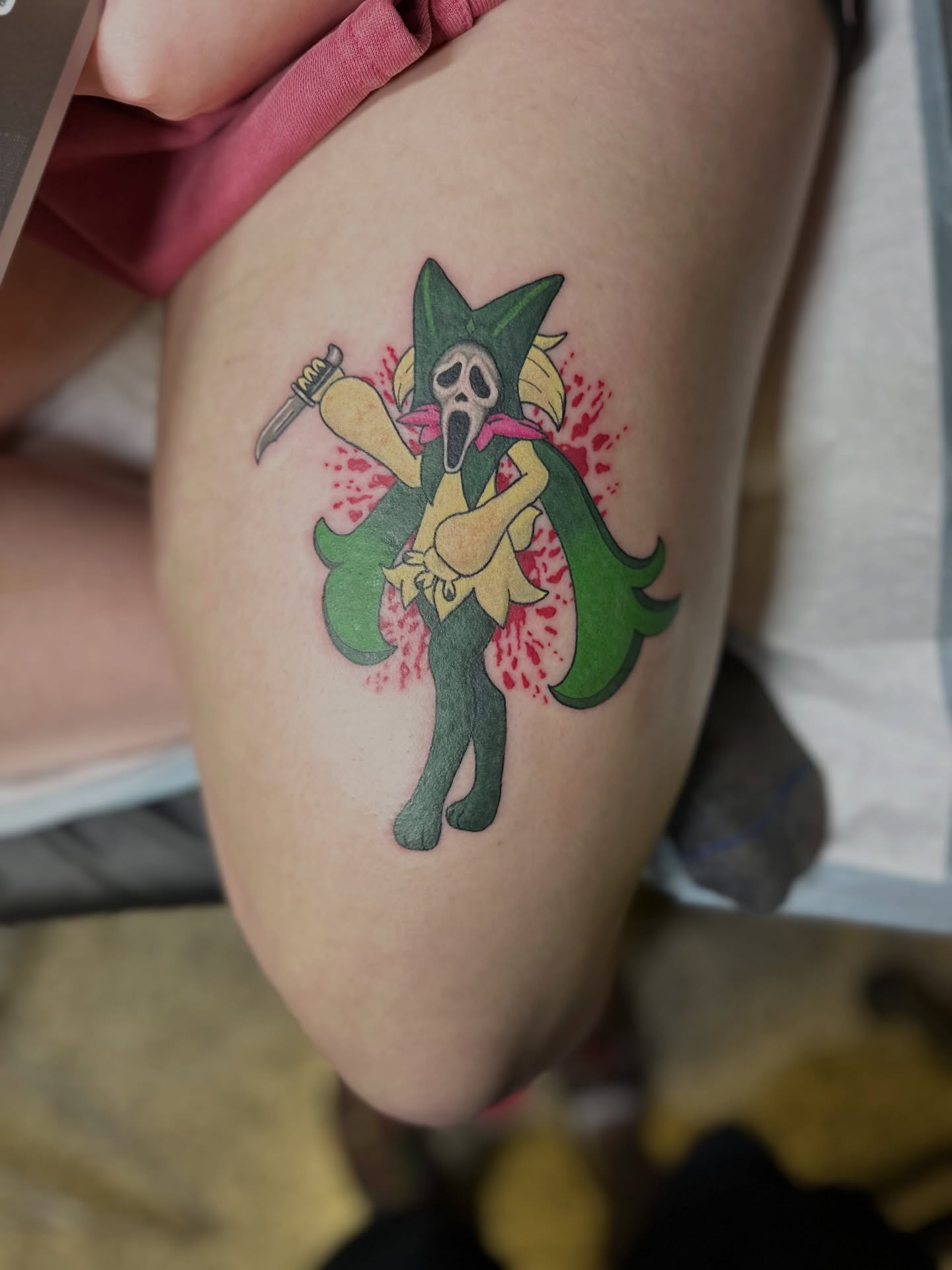 Grim Reaper with Scream Mask illustrative tattoo on the thigh by (Joshua) Van Cummings