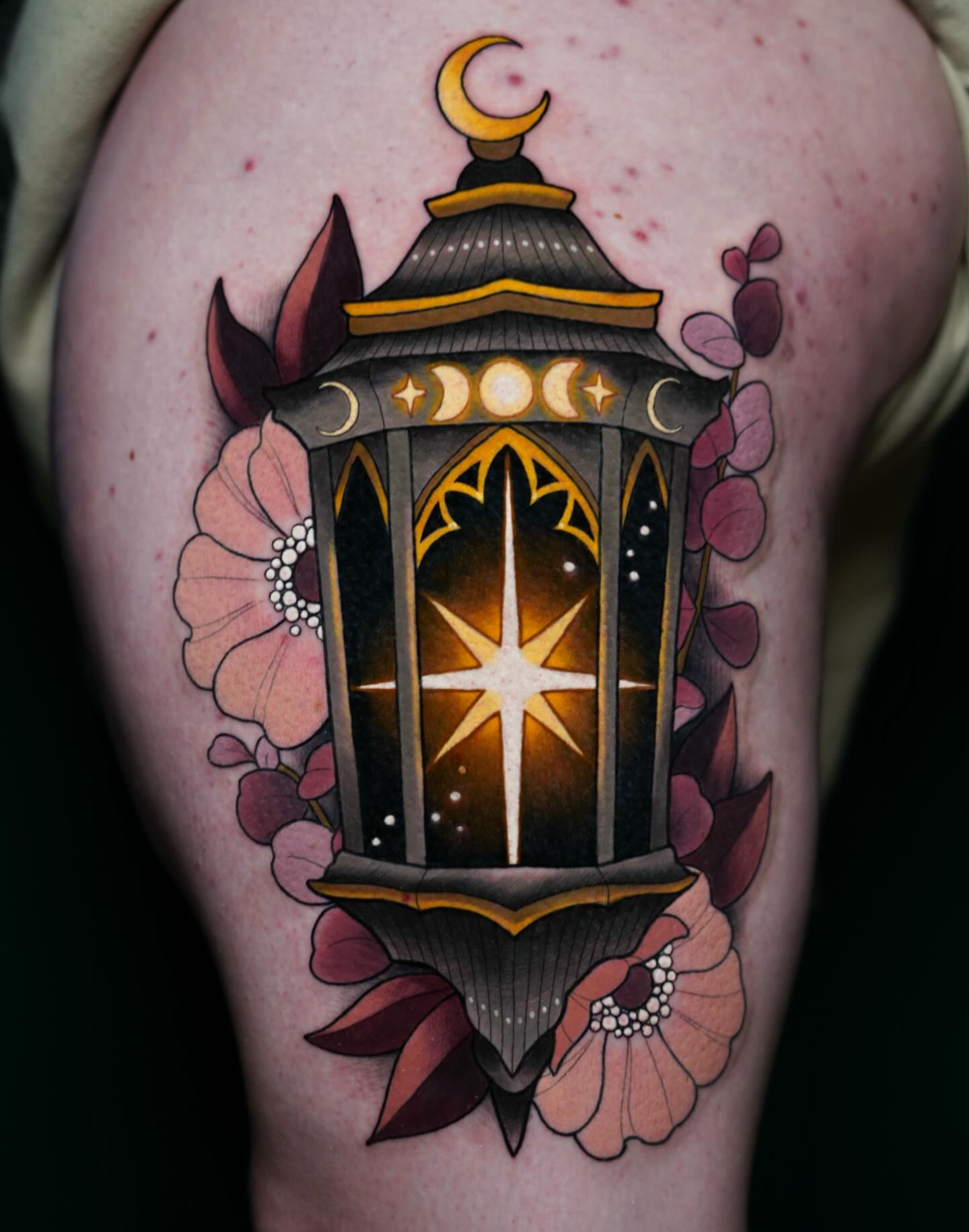 Lantern with celestial elements American traditional tattoo on the forearm by Brooke Borden