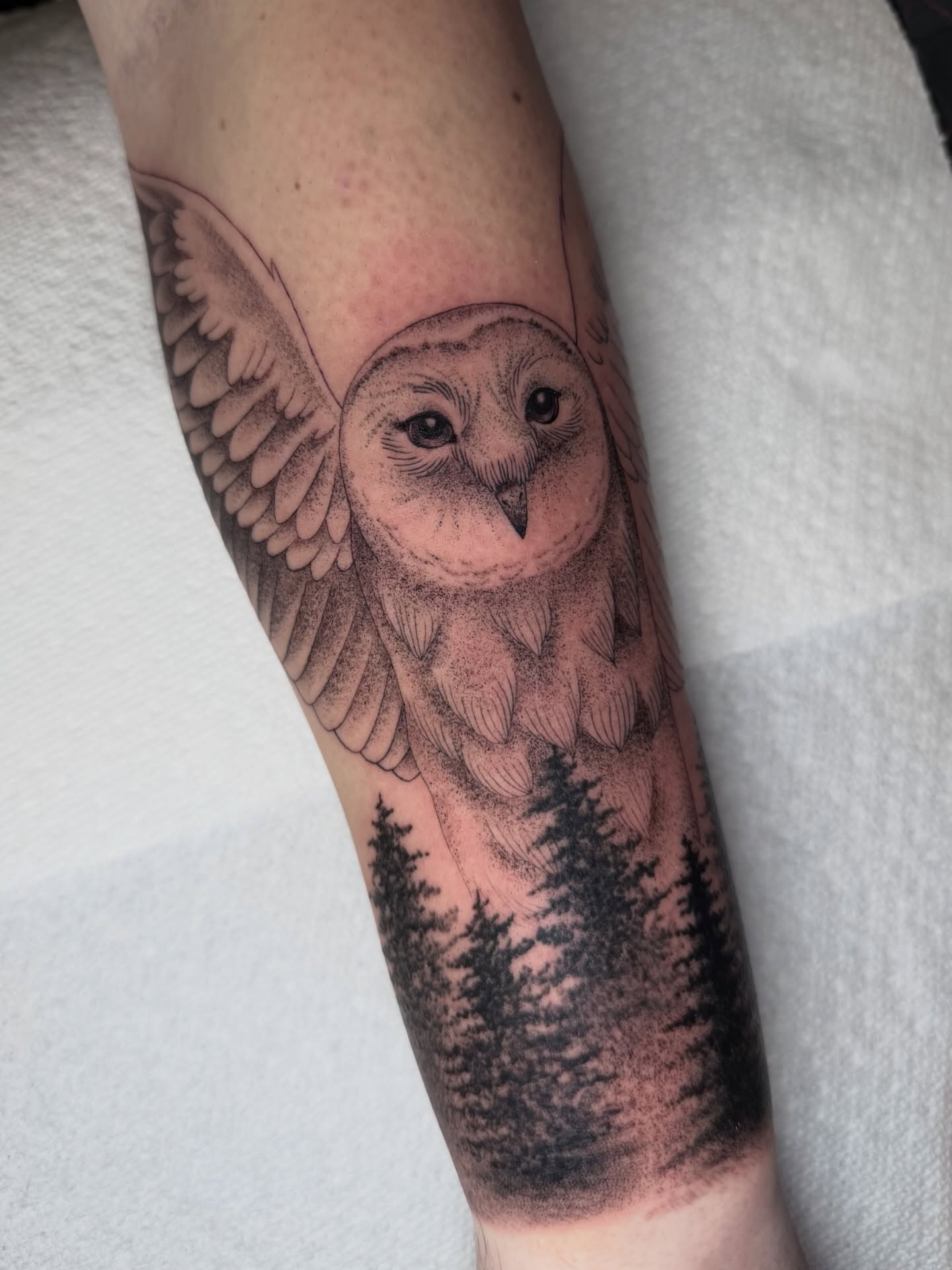 Owl realism tattoo on the forearm by Savannah Compton