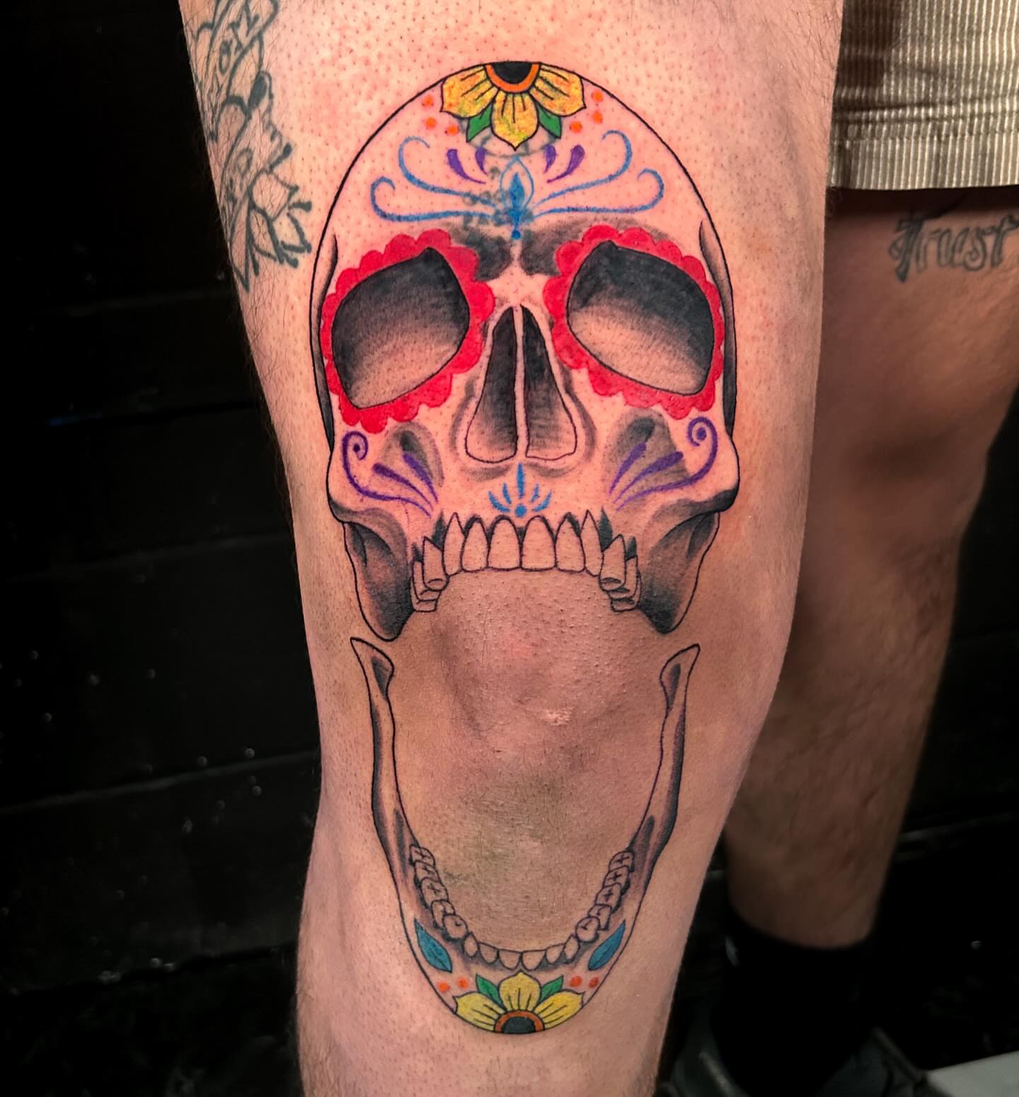 Sugar skull Chicano tattoo on the thigh by Maia Pizarro