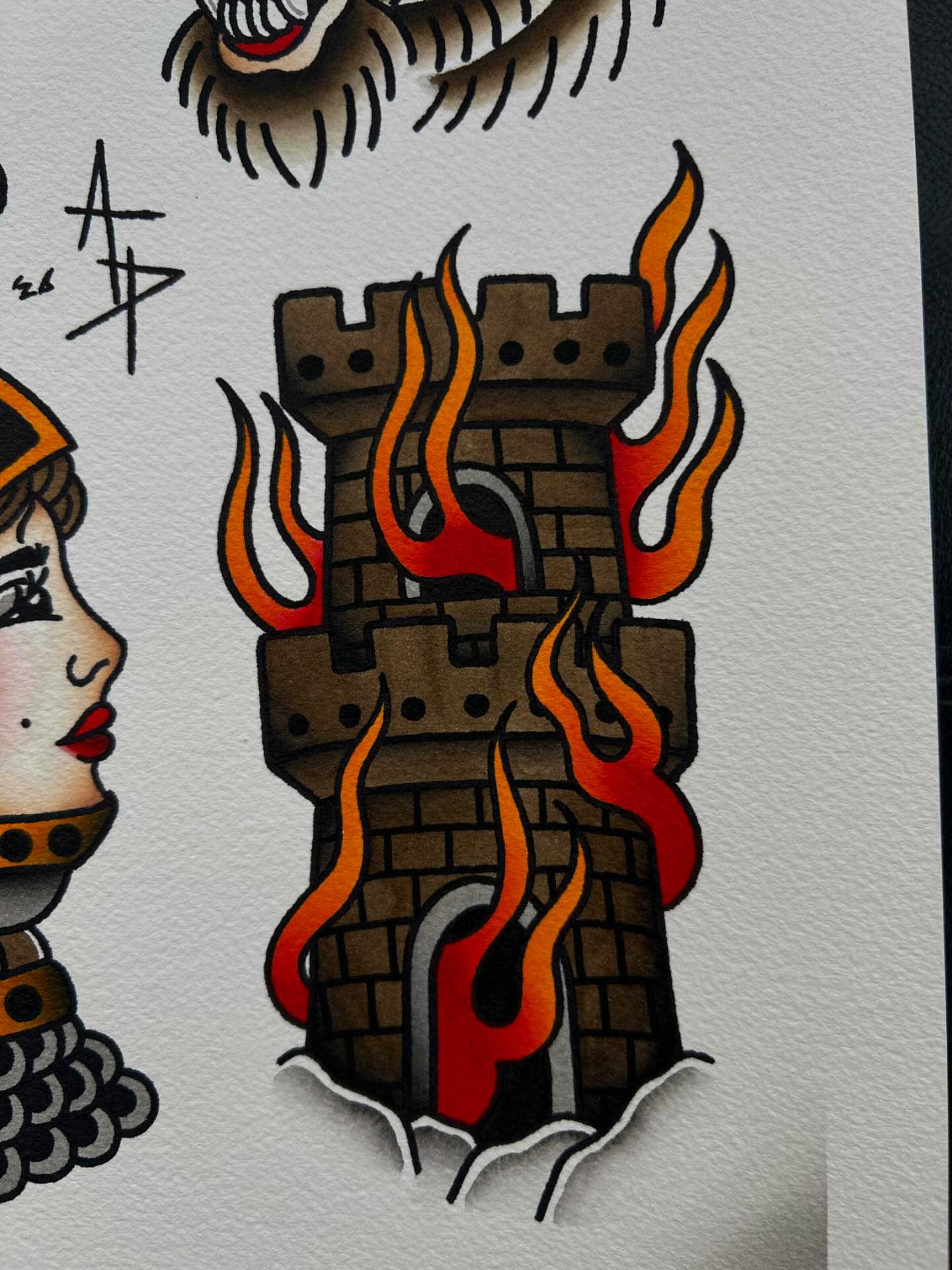 Castle with flames American traditional tattoo by Alycia