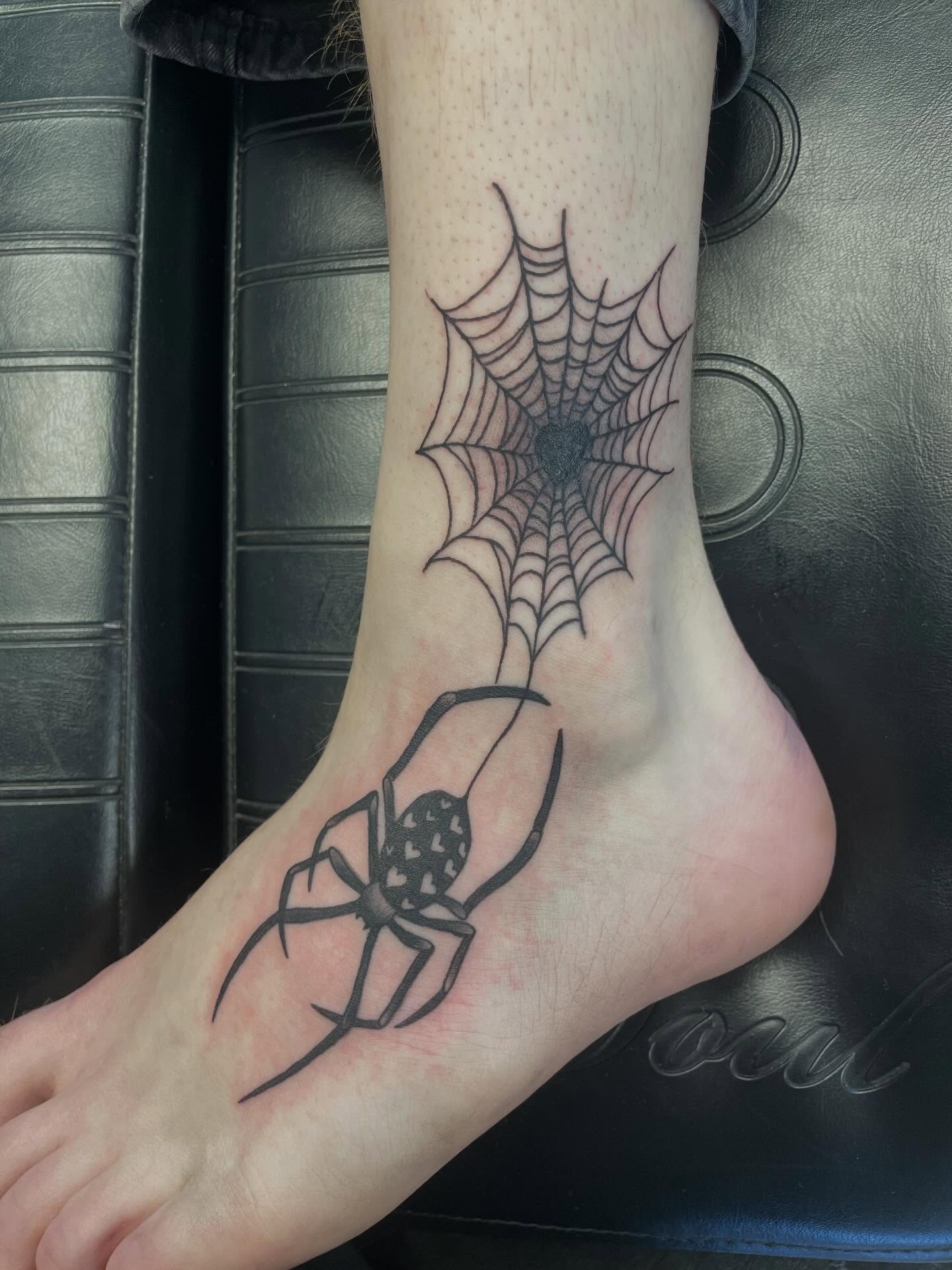 Spider web black and grey tattoo on the foot by Shan 🤘 Tattoo Artist ⚡️ MN 🌲