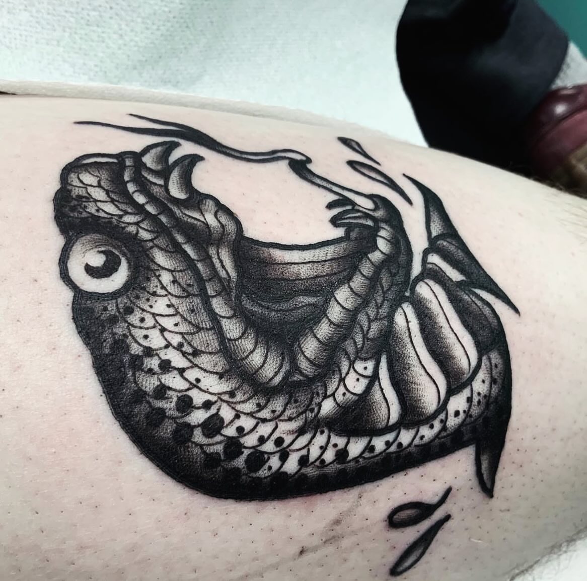 Snake dotwork tattoo on the forearm by Brandon Harrison, Kansas City, Missouri