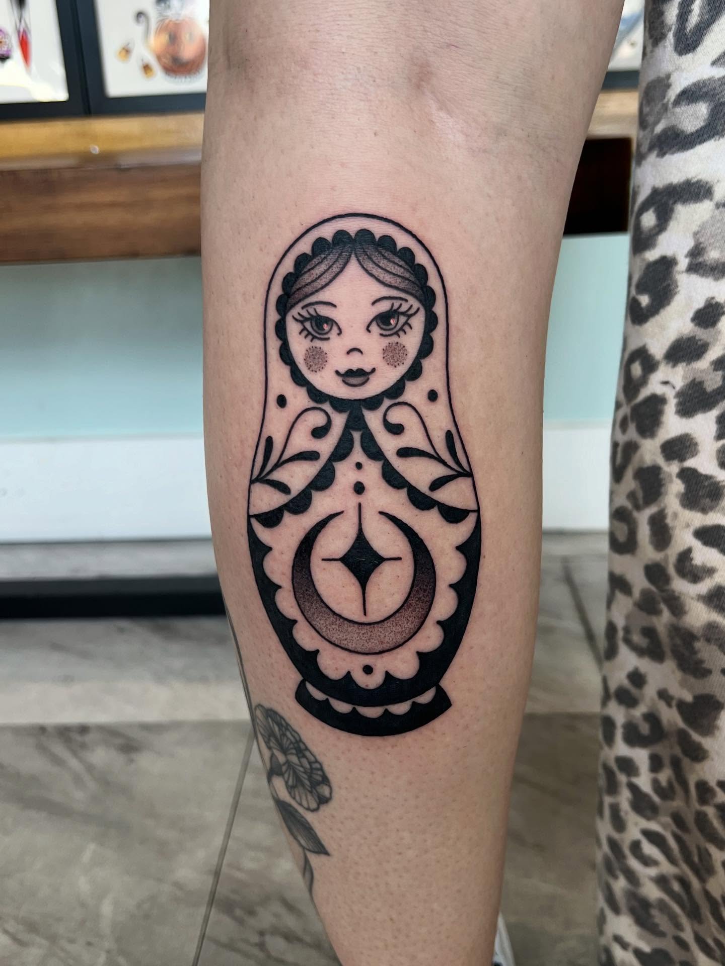 Matryoshka doll black and grey tattoo on the forearm by 𝖆𝖑𝖞𝖘𝖘𝖆 ☽