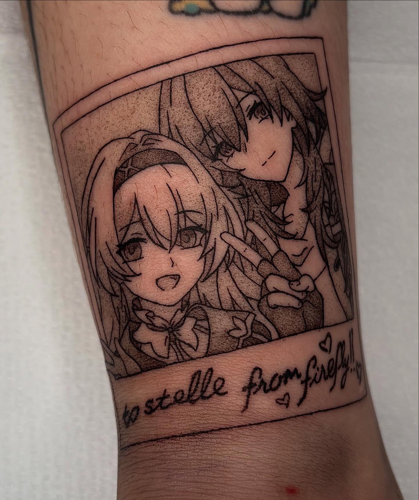 Anime characters dotwork tattoo on the forearm by mia aka chuu (◕ ˬ ◕ ✿)