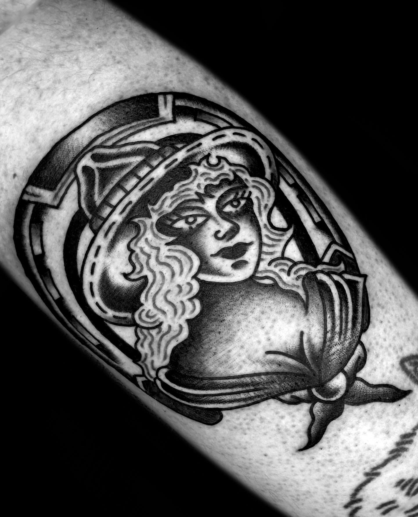 Woman American traditional tattoo on the forearm by The Calamari Kid