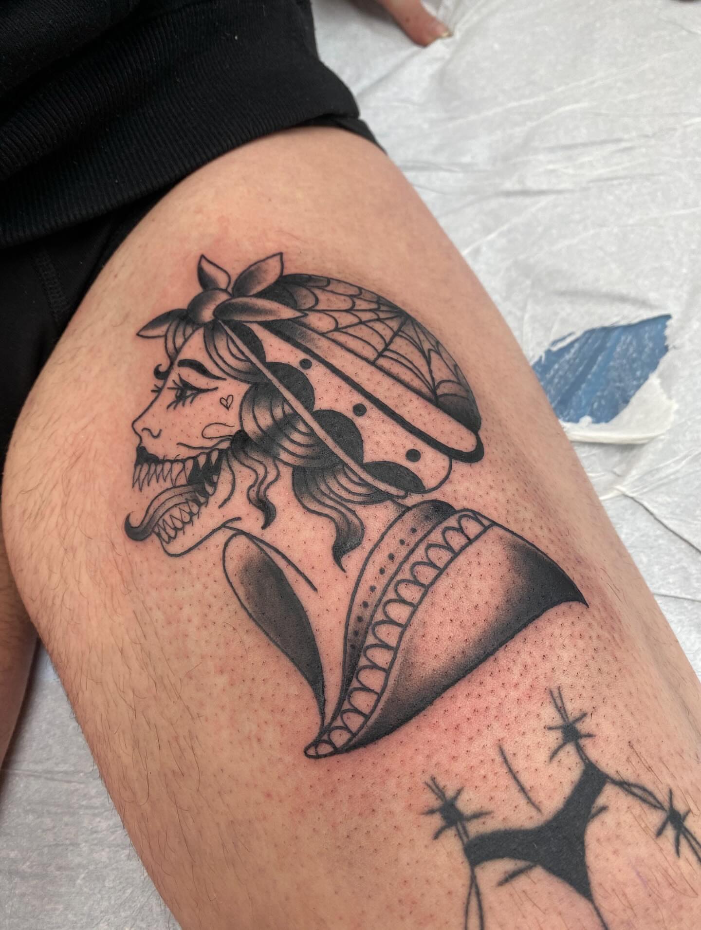 Tattoo by @meadowzmodificationz — dotwork, black_and_grey