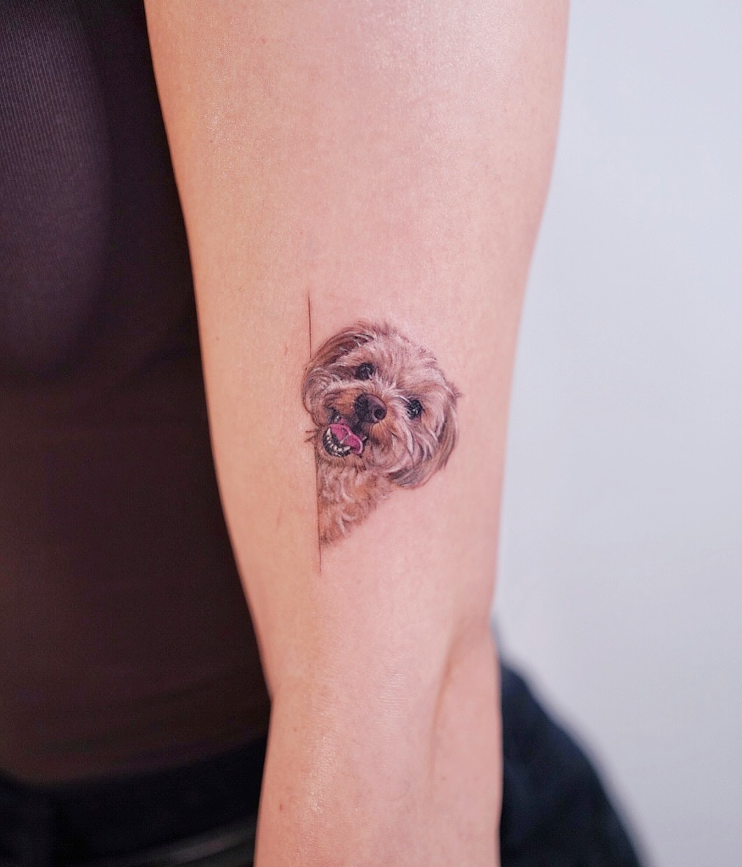 Dog realism tattoo on the forearm by Lily, Los Angeles, California
