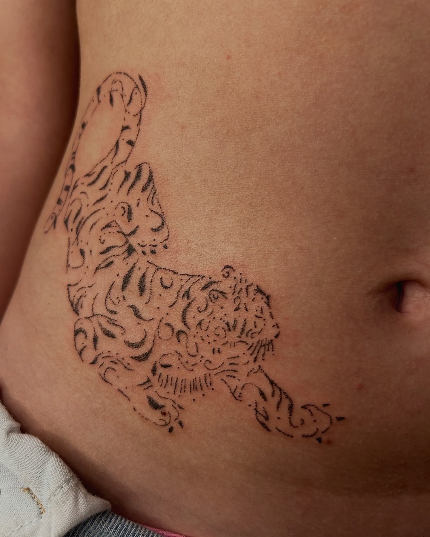 Tiger black and grey tattoo on the torso by wanderfernfairy
