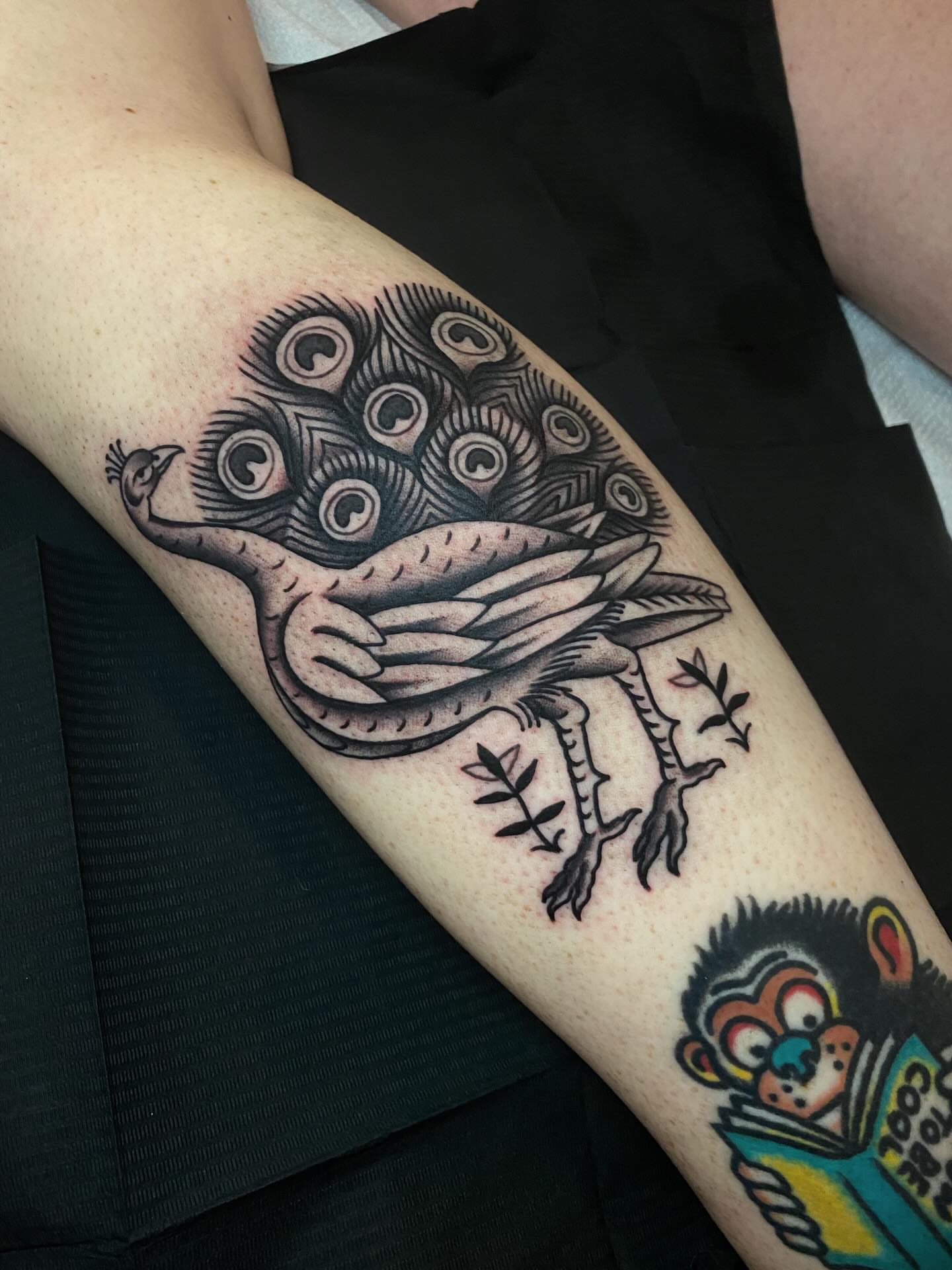Peacock black and grey tattoo on the forearm by Jaclin Grace Hastings
