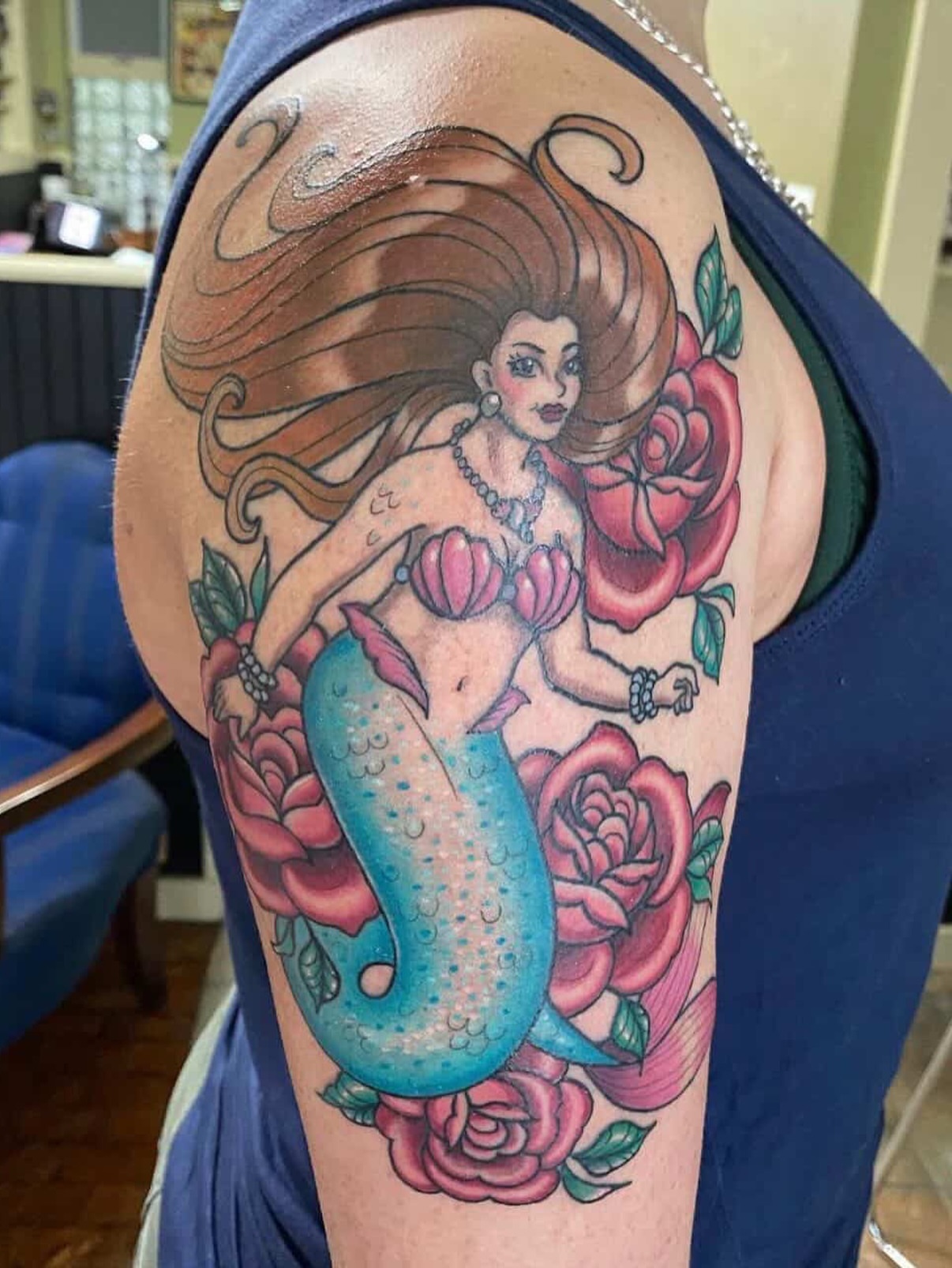Mermaid and roses American traditional tattoo on the shoulder by Liz Glitz - Philadelphia Tattoo Artist