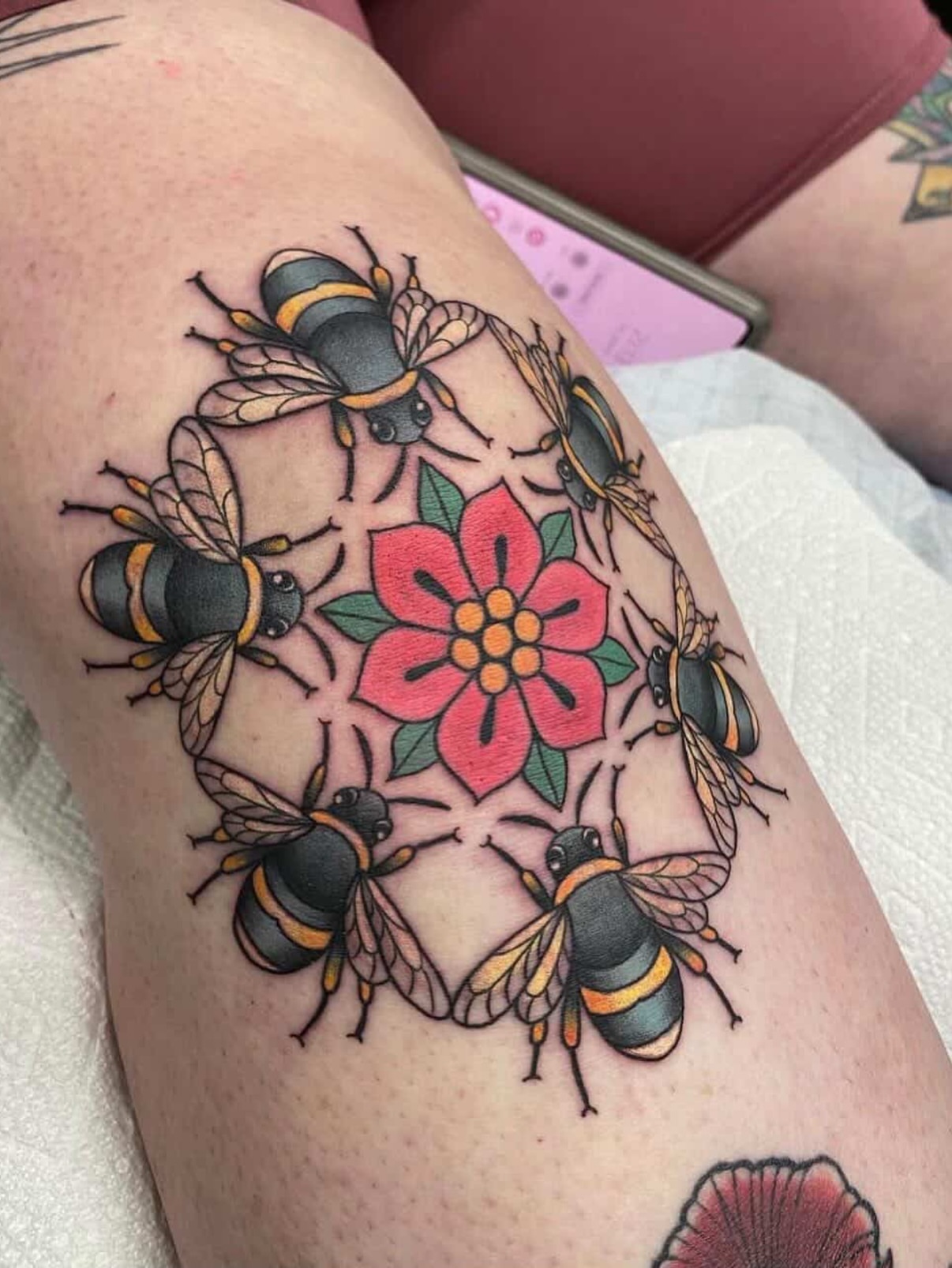 Bees and flower American traditional tattoo on the thigh by Liz Glitz - Philadelphia Tattoo Artist