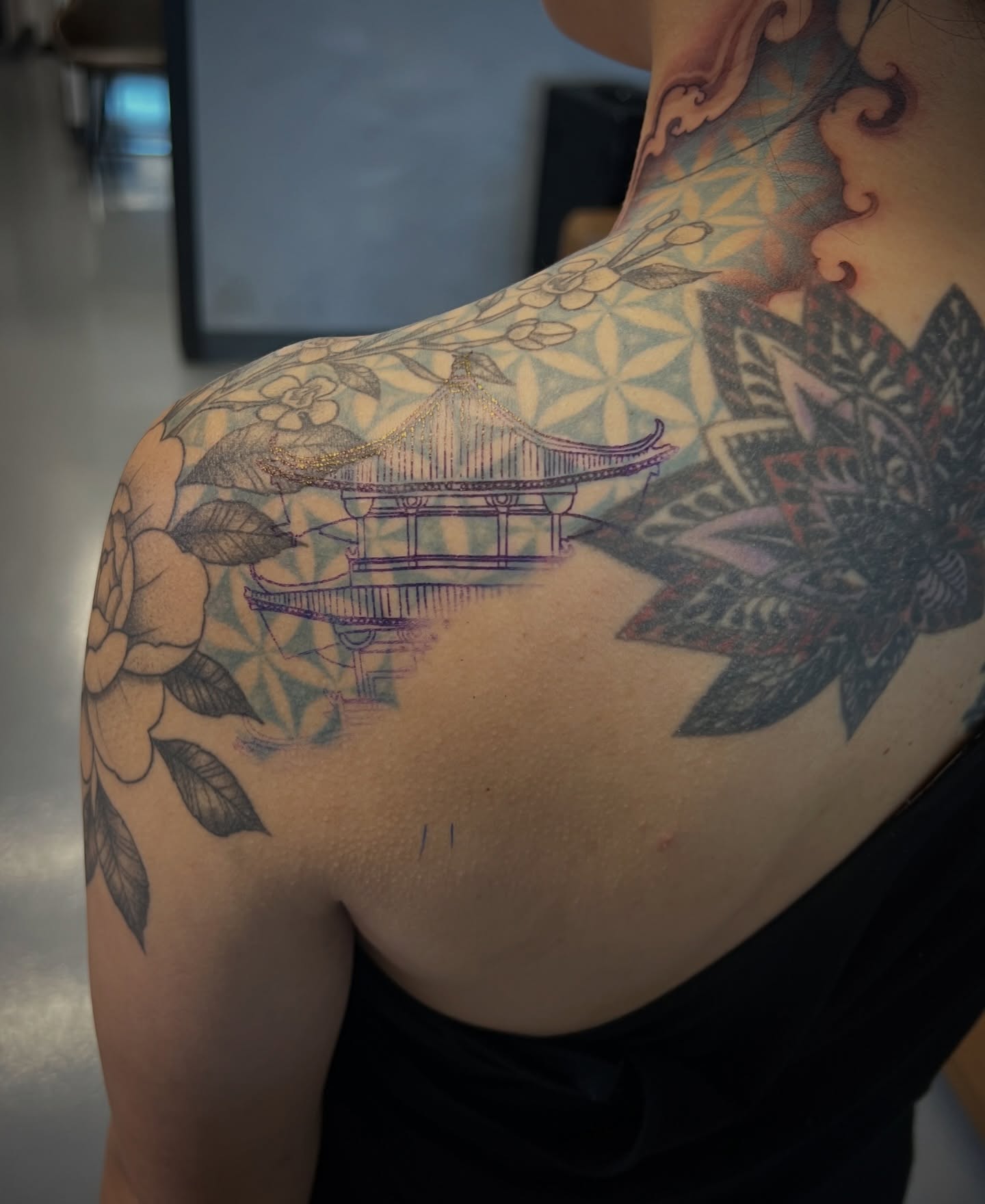 Japanese-style pagoda japanese irezumi tattoo on the shoulder by Johnson