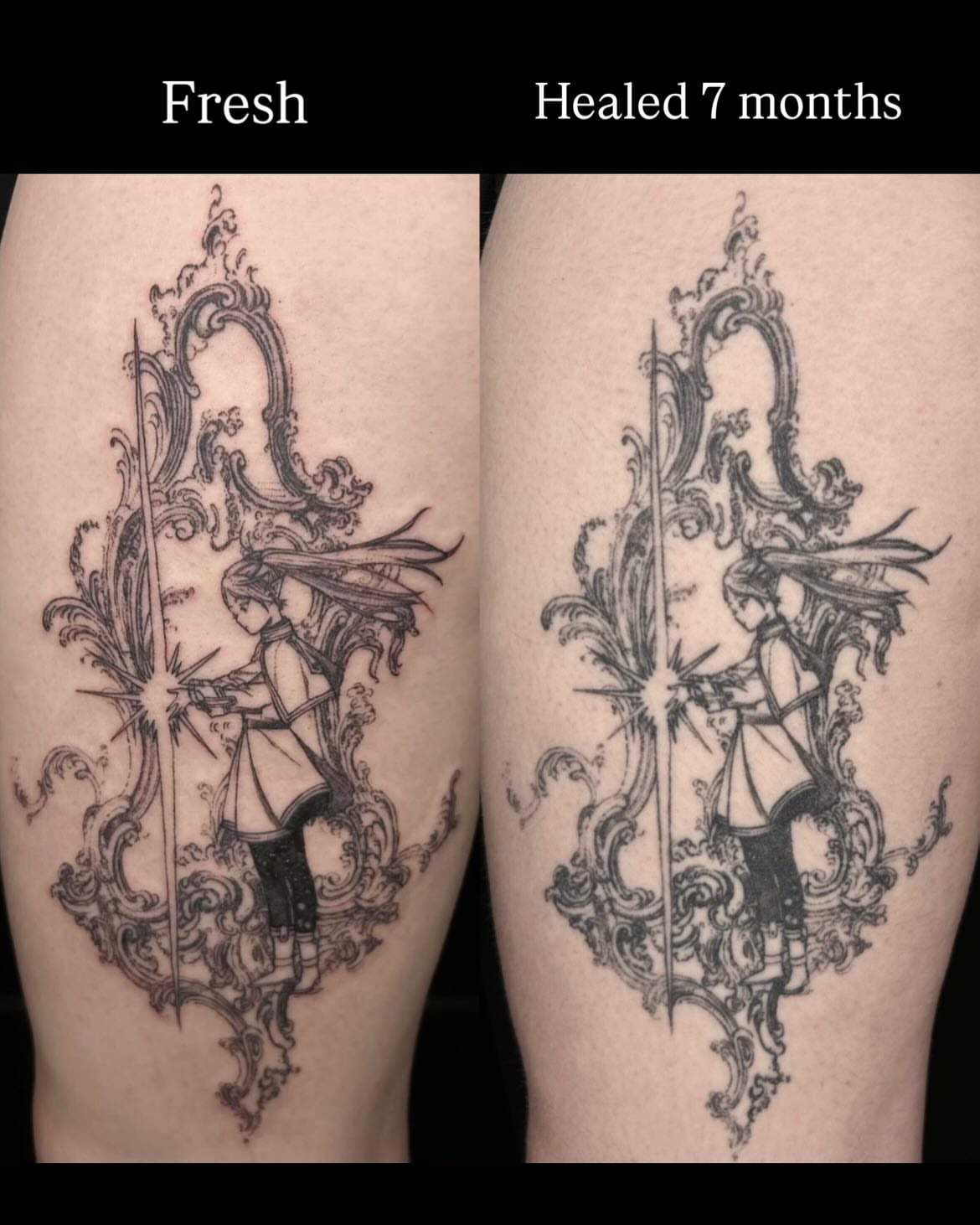 Angelic figure ornamental tattoo on the thigh by ๐๐ฆ๐ฐ๐ฆ๐