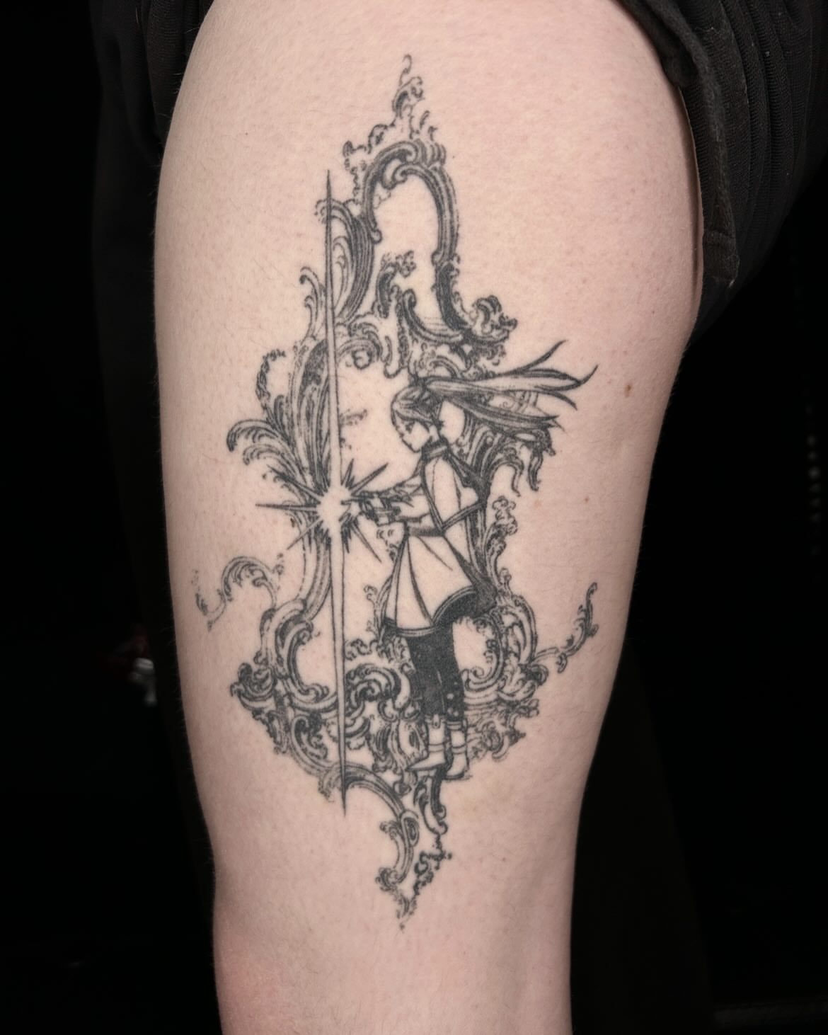 Girl with sword illustrative tattoo on the thigh by ๐๐ฆ๐ฐ๐ฆ๐