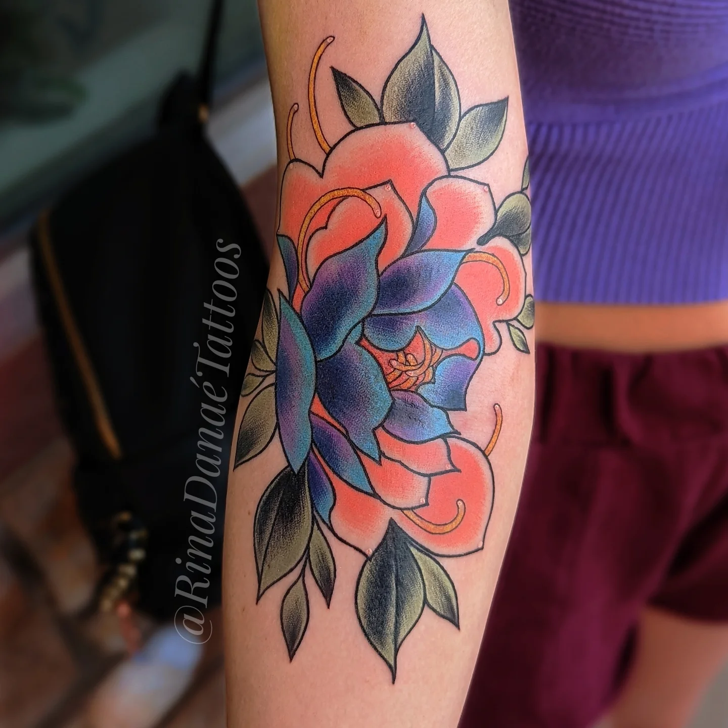Floral bouquet American traditional tattoo on the forearm by Rina Danaé Tattoo🌿