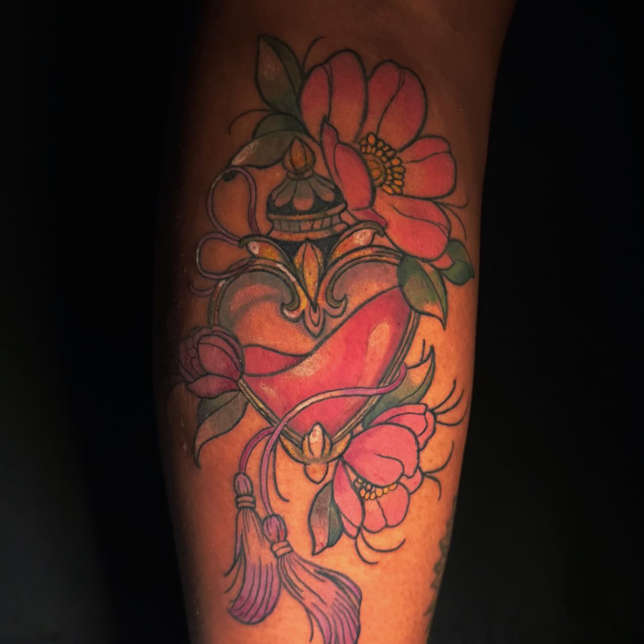 Flower skull American traditional tattoo on the forearm by Anthony Washington, Atlanta, Georgia