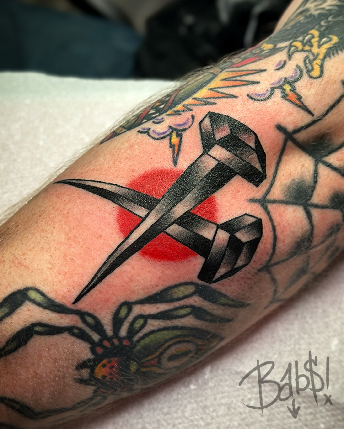 Crystal dagger American traditional tattoo on the forearm by Justin B