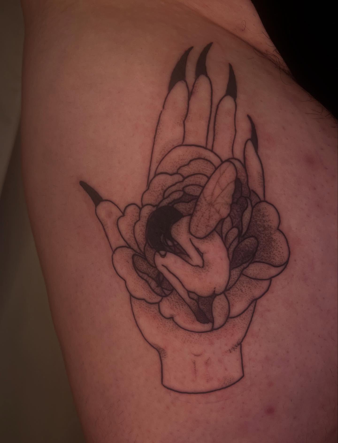 Tattoo by @pitypostcard — dotwork, black_and_grey