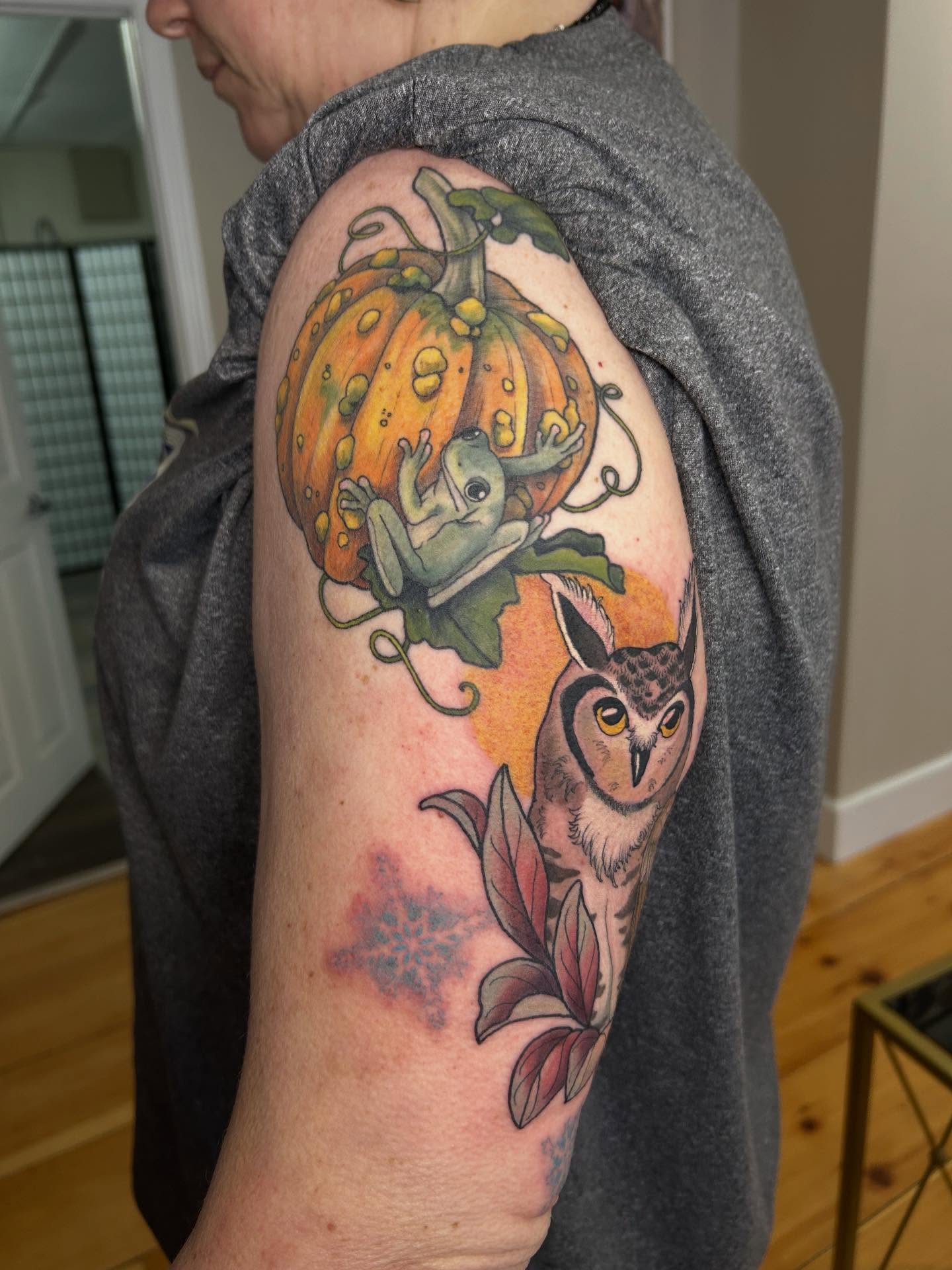 Pumpkin and frog dotwork tattoo on the forearm by 𝓗𝓪𝔂𝓵𝓮𝔂 𝓢𝓪𝓿𝓪𝓰𝓮
