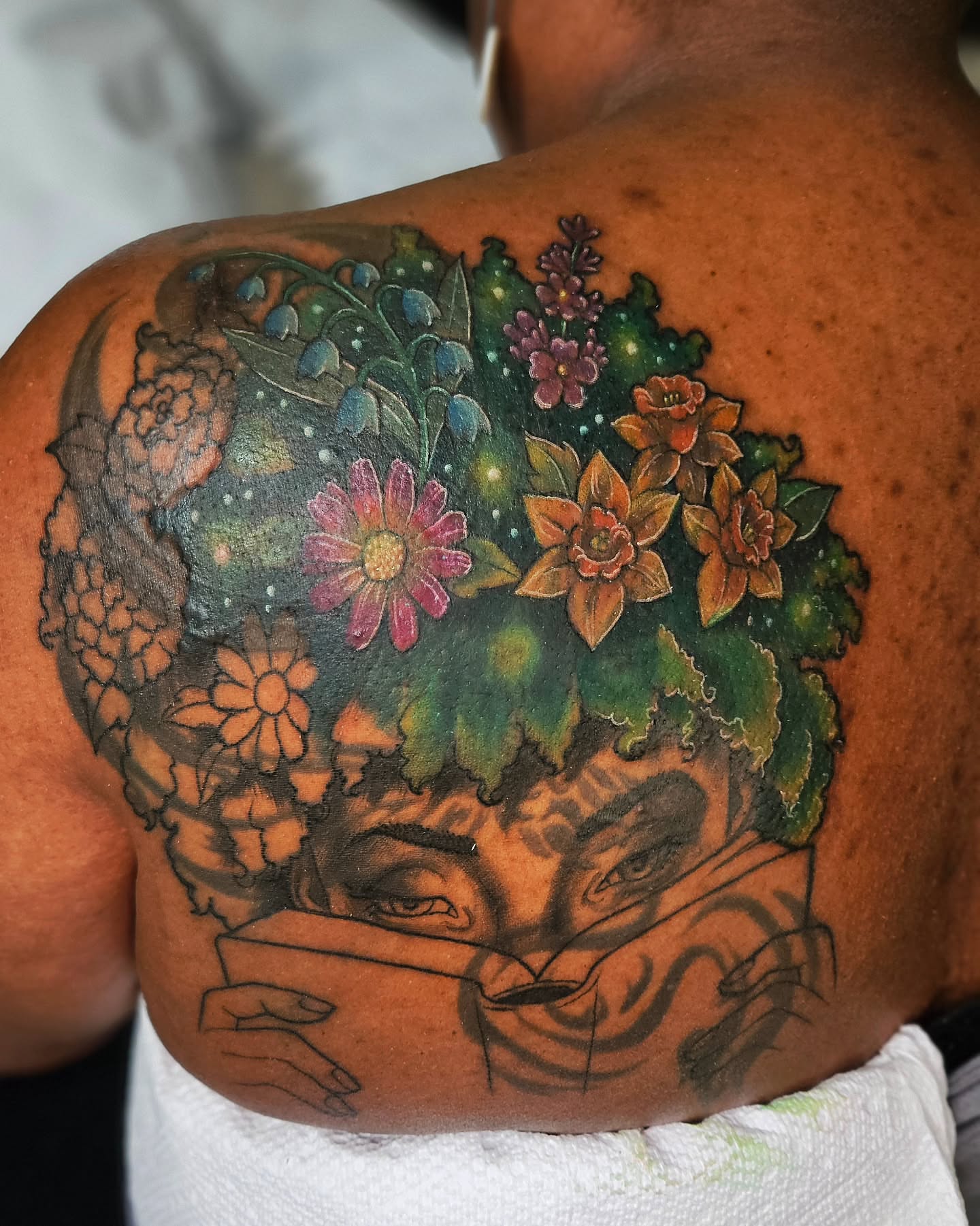 Floral afro new school tattoo on the shoulder by ๐๐๐๐