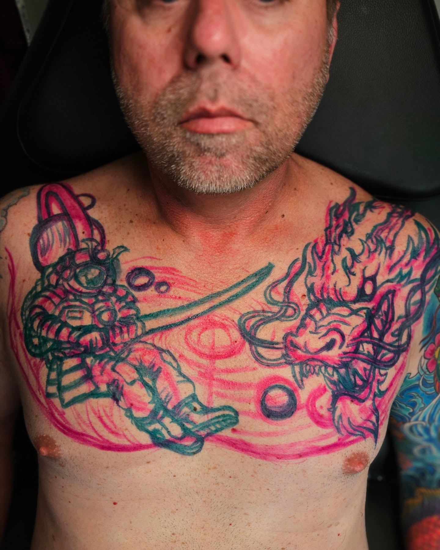 Astronaut and dragon japanese irezumi tattoo on the chest by ๐๐๐๐
