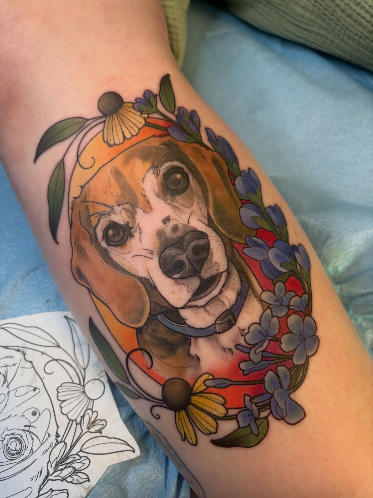 Beagle with floral wreath realism tattoo on the forearm by š¤Madeline Kristenš¤, Somerset, Wisconsin