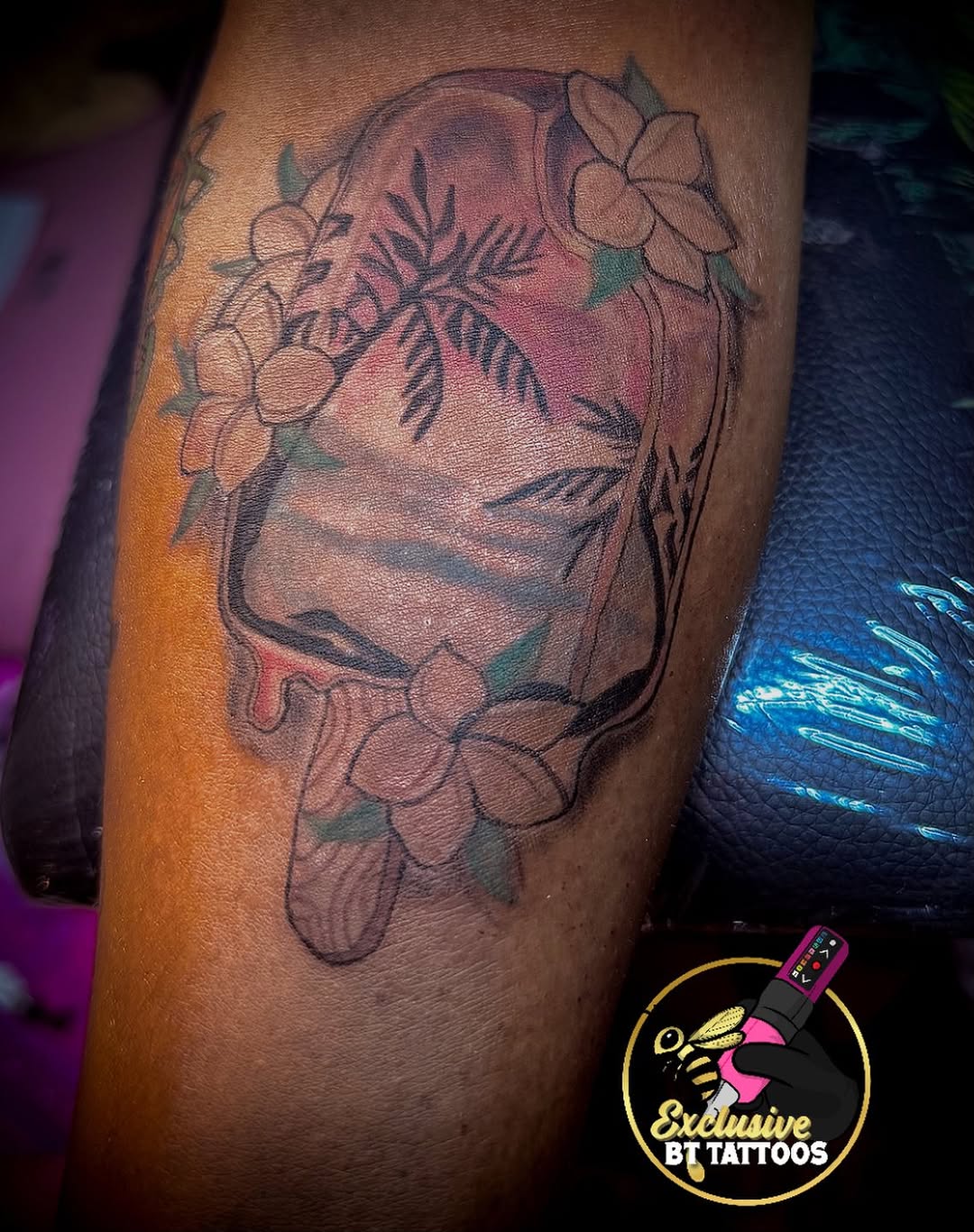 Ice pop with tropical scene tattoo on the forearm by @x1u5iv3bttattz