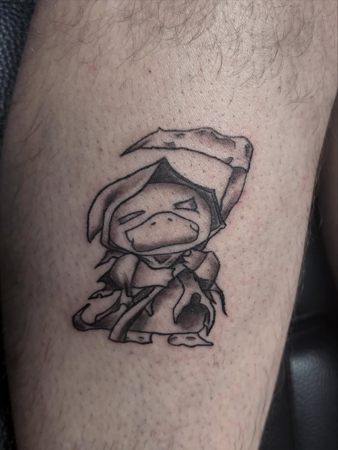 Chibi grim reaper duck new school tattoo on the thigh by Angel Arceo