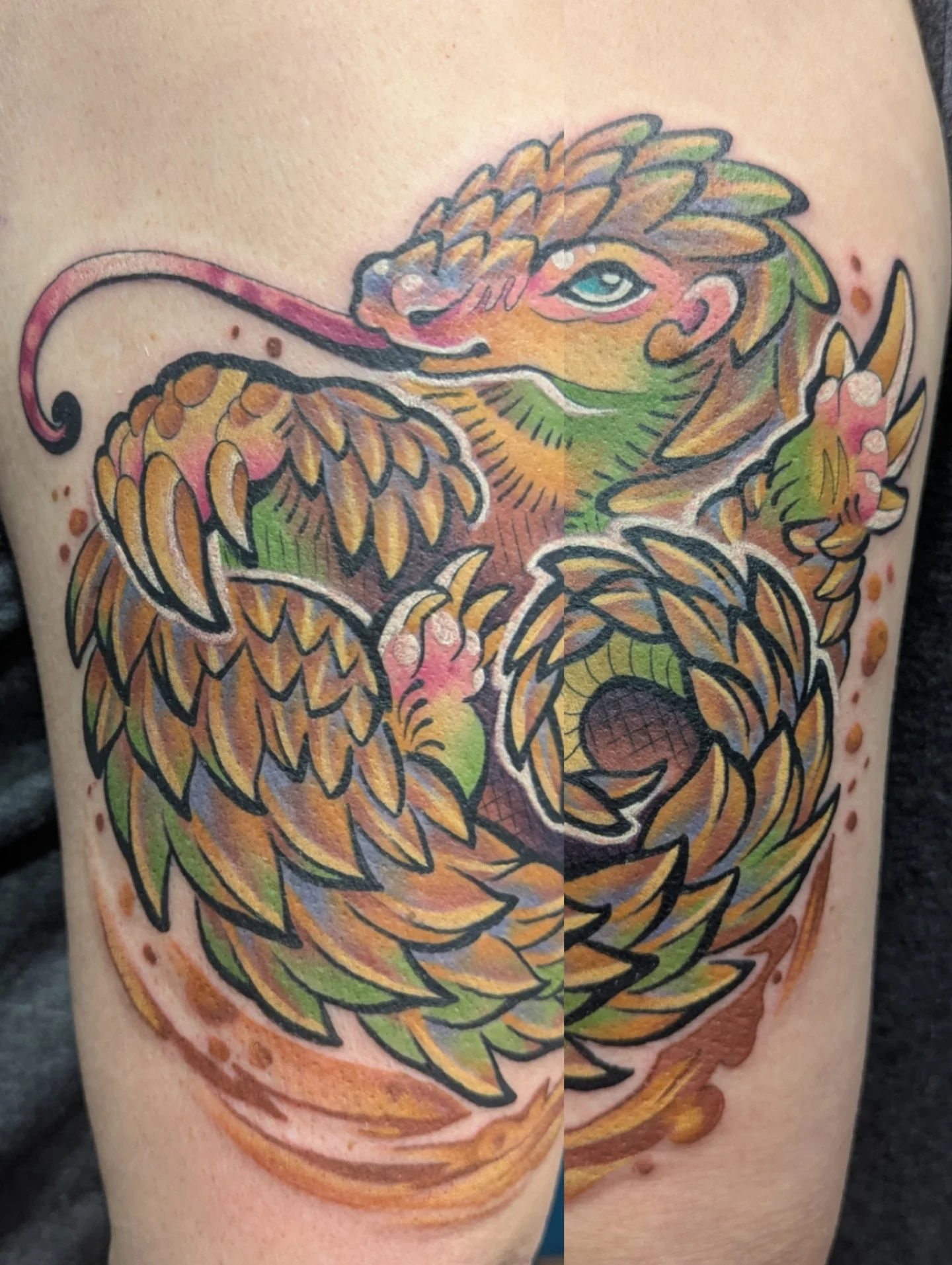 Dragon new school tattoo on the forearm by Devon Greig