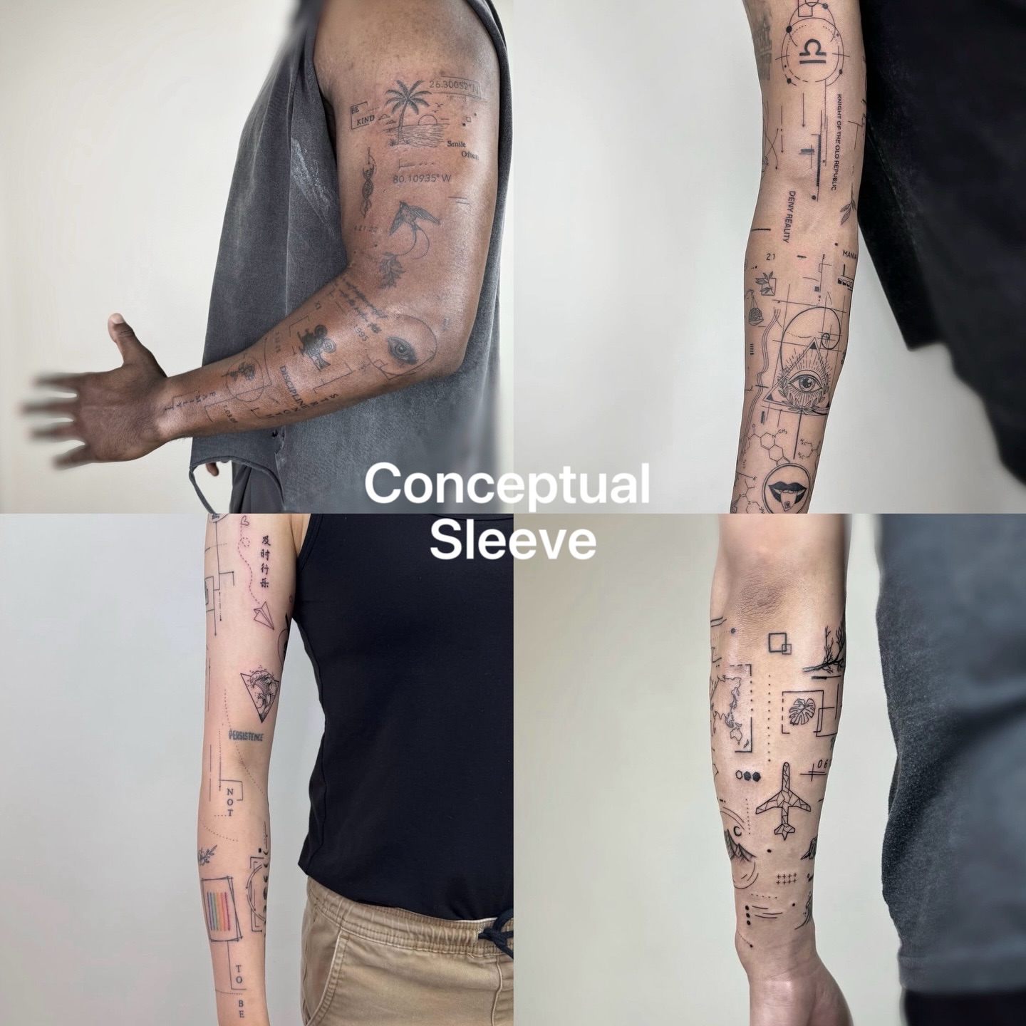 Conceptual sleeve geometric tattoo on the upper arm by Jadyn Pang