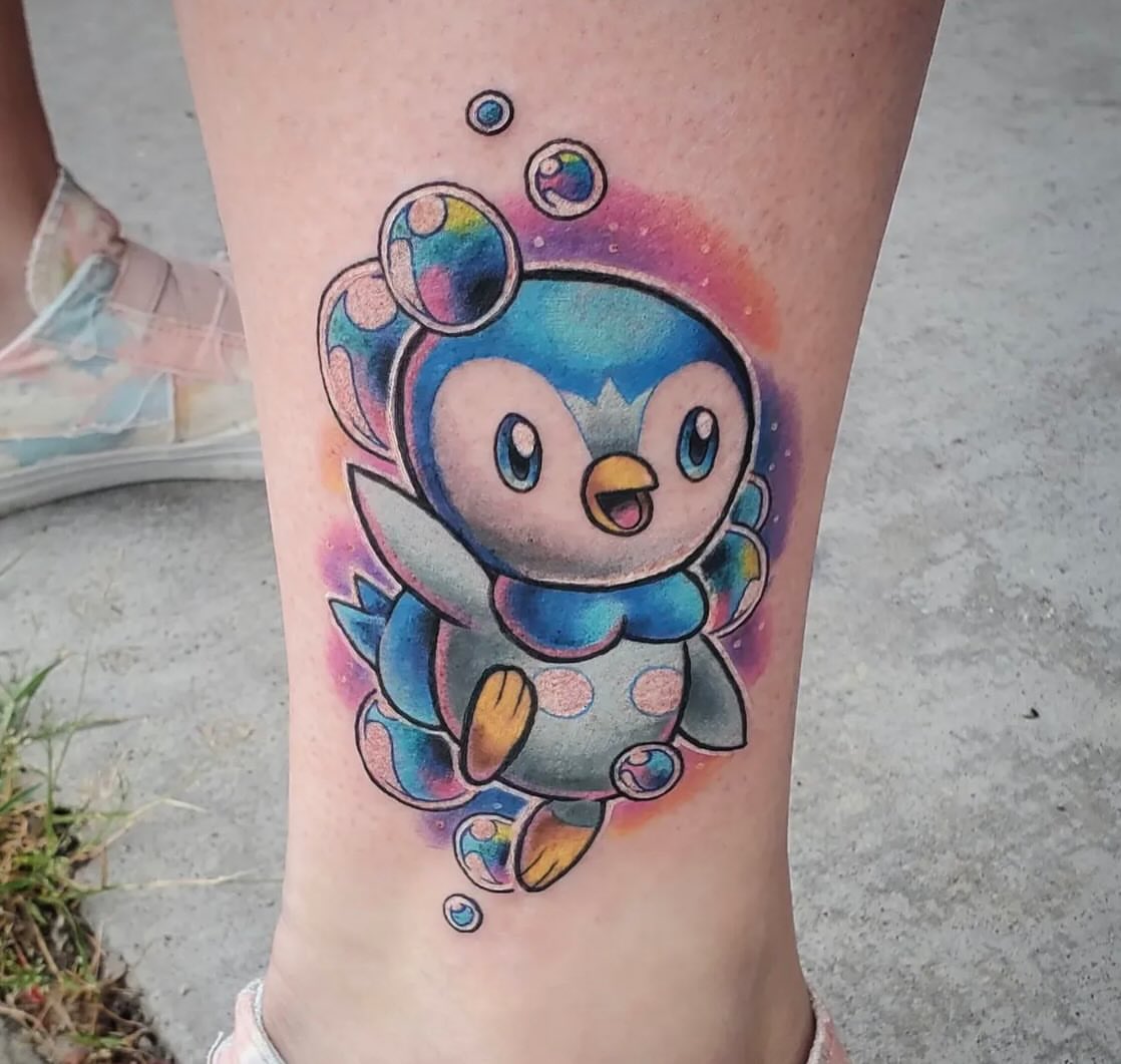 Piplup new school tattoo on the calf by Jordi ✨