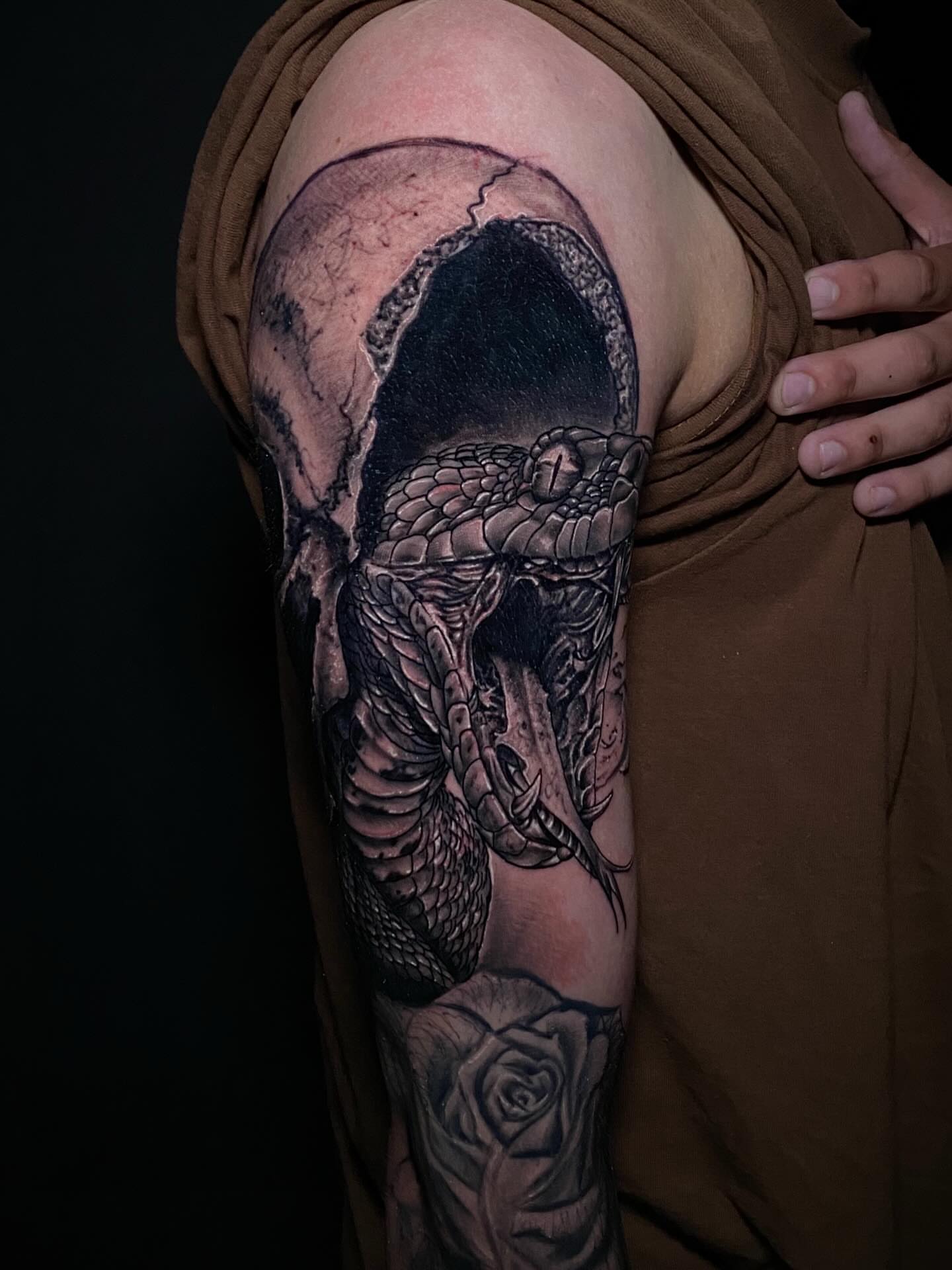 Snake realism tattoo on the upper arm by @dom_macio_tattoo