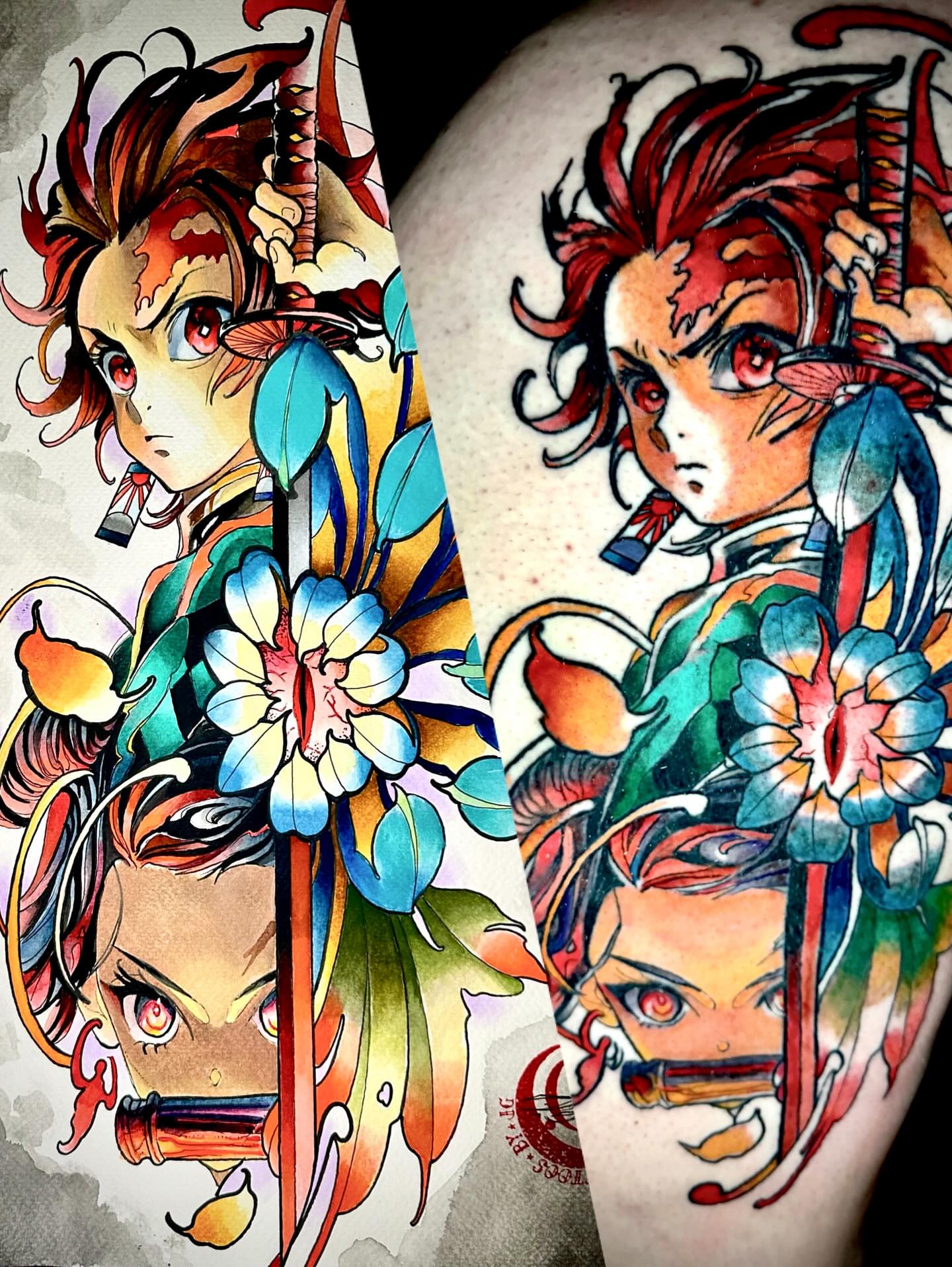 Anime character anime tattoo on the upper arm by Justin Giacobbi