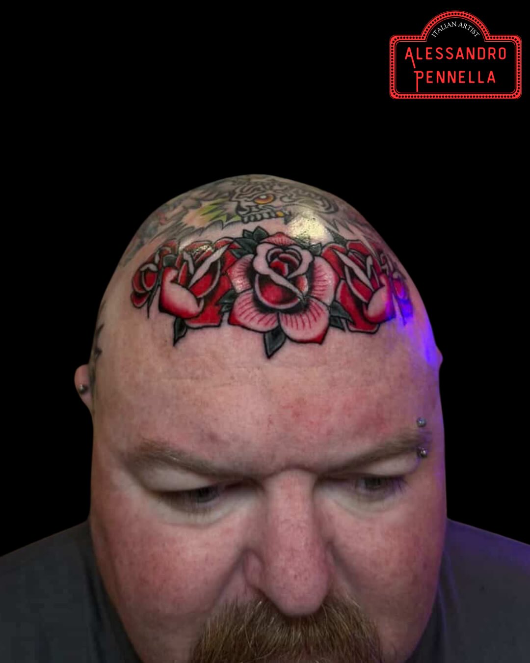 Roses American traditional tattoo on the head by Alessandro Pennella