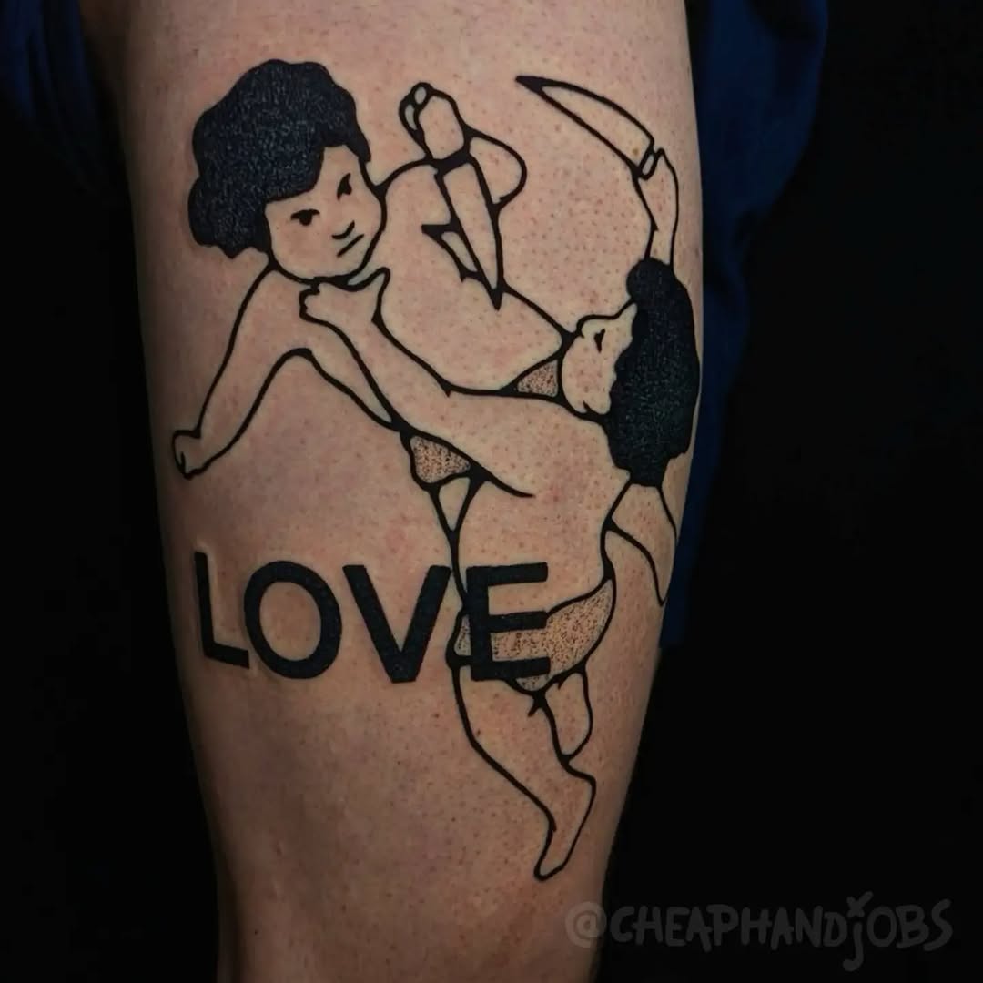 Cherubs fighting with knife and bow ignorant tattoo on the thigh by @cheaphandjobs, Leipzig, Germany