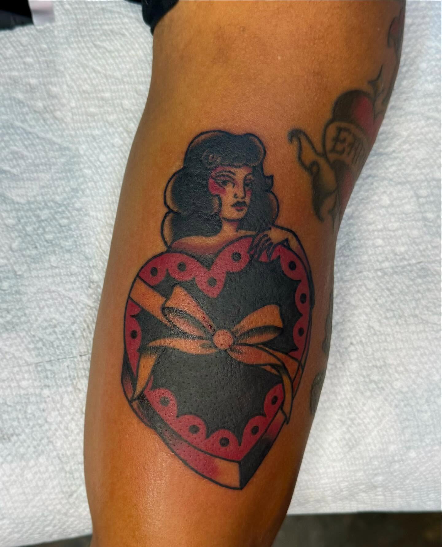Woman in heart American traditional tattoo on the forearm by ＊ Carly James ＊