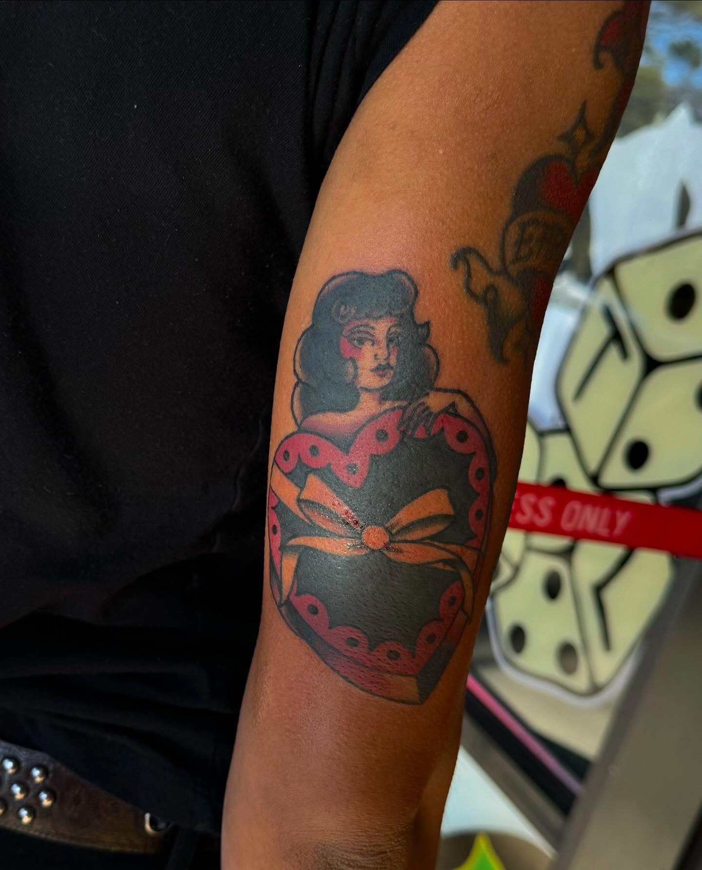 Woman in dress American traditional tattoo on the forearm by ＊ Carly James ＊