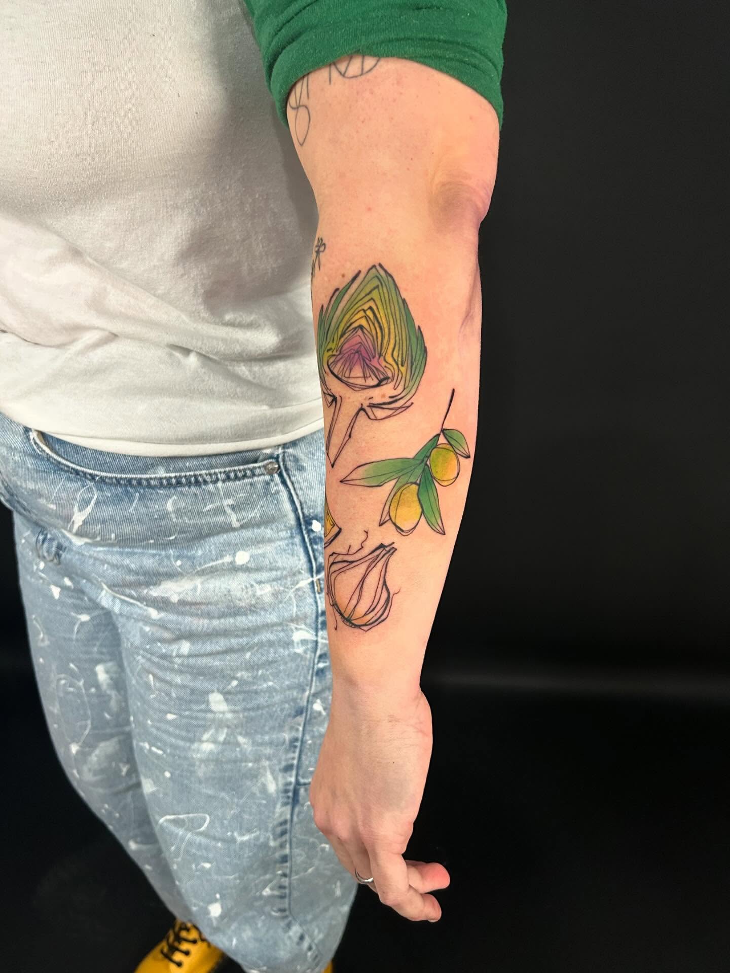 Olive branch and bird new school tattoo on the forearm by @laurabochet_tattoo, Beacon, NY