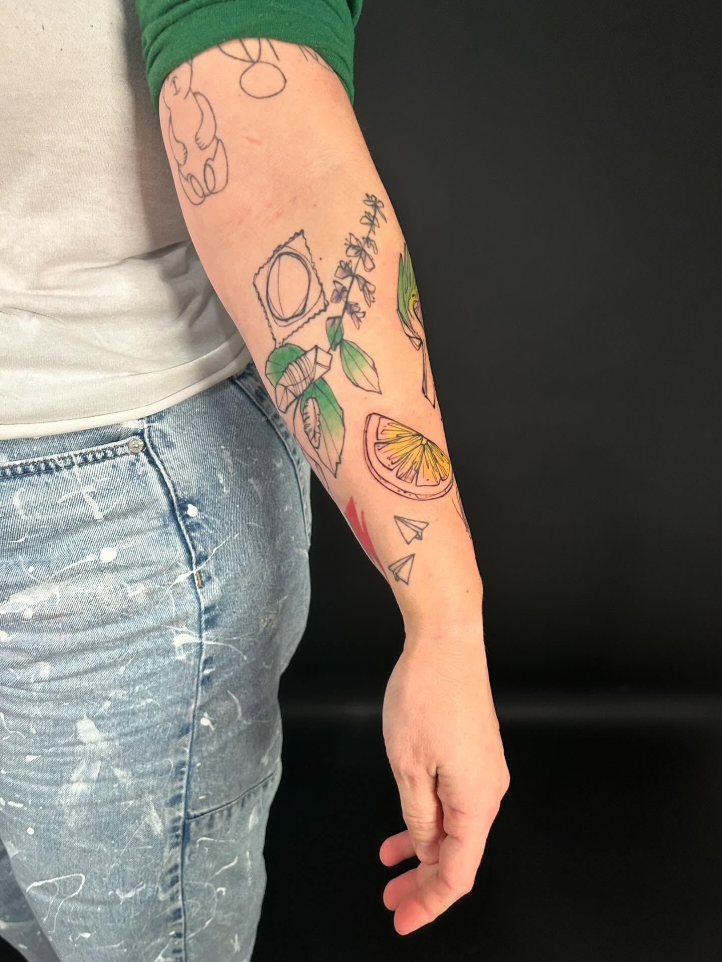 Fruit and leaves geometric tattoo on the forearm by @laurabochet_tattoo, Beacon, NY