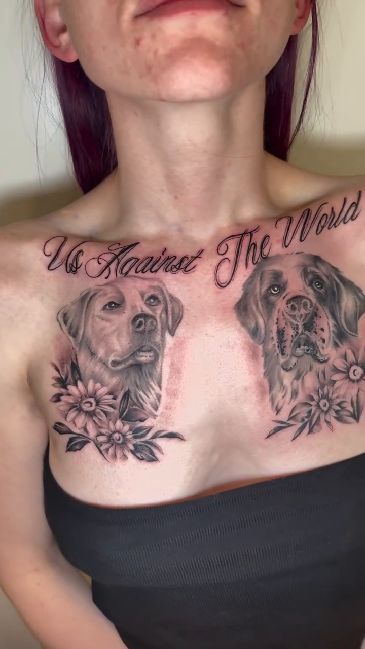 Two dogs and flowers realism tattoo by Matthew Crawley
