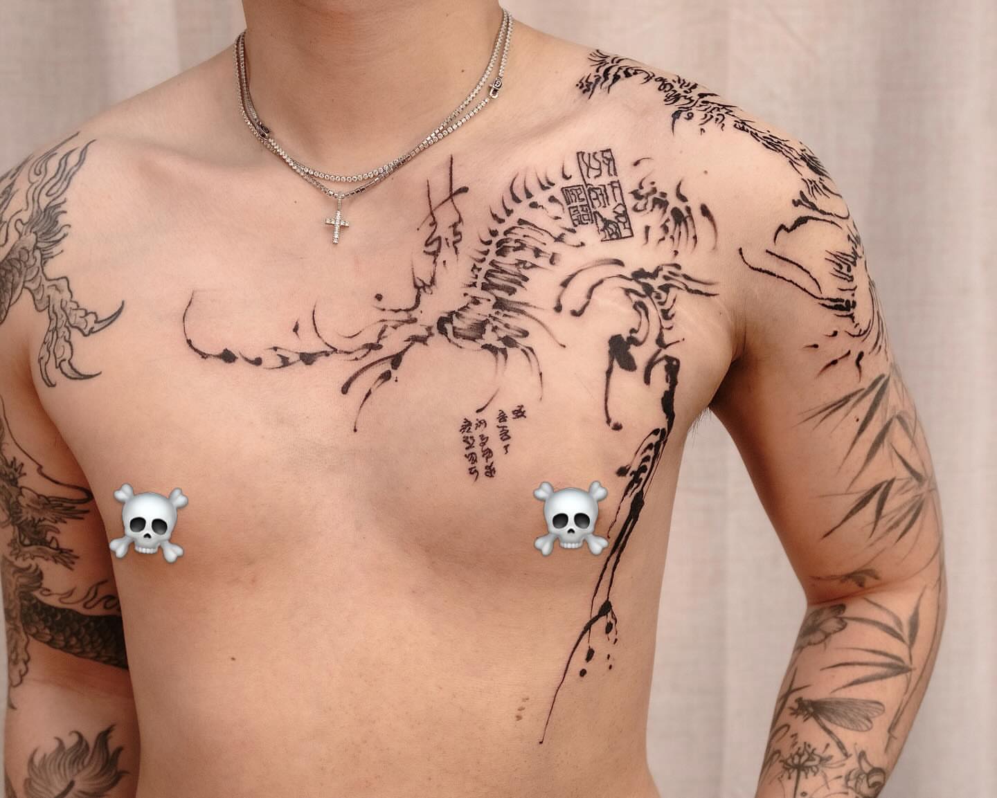 Scorpion and bamboo japanese irezumi tattoo on the chest by Koko