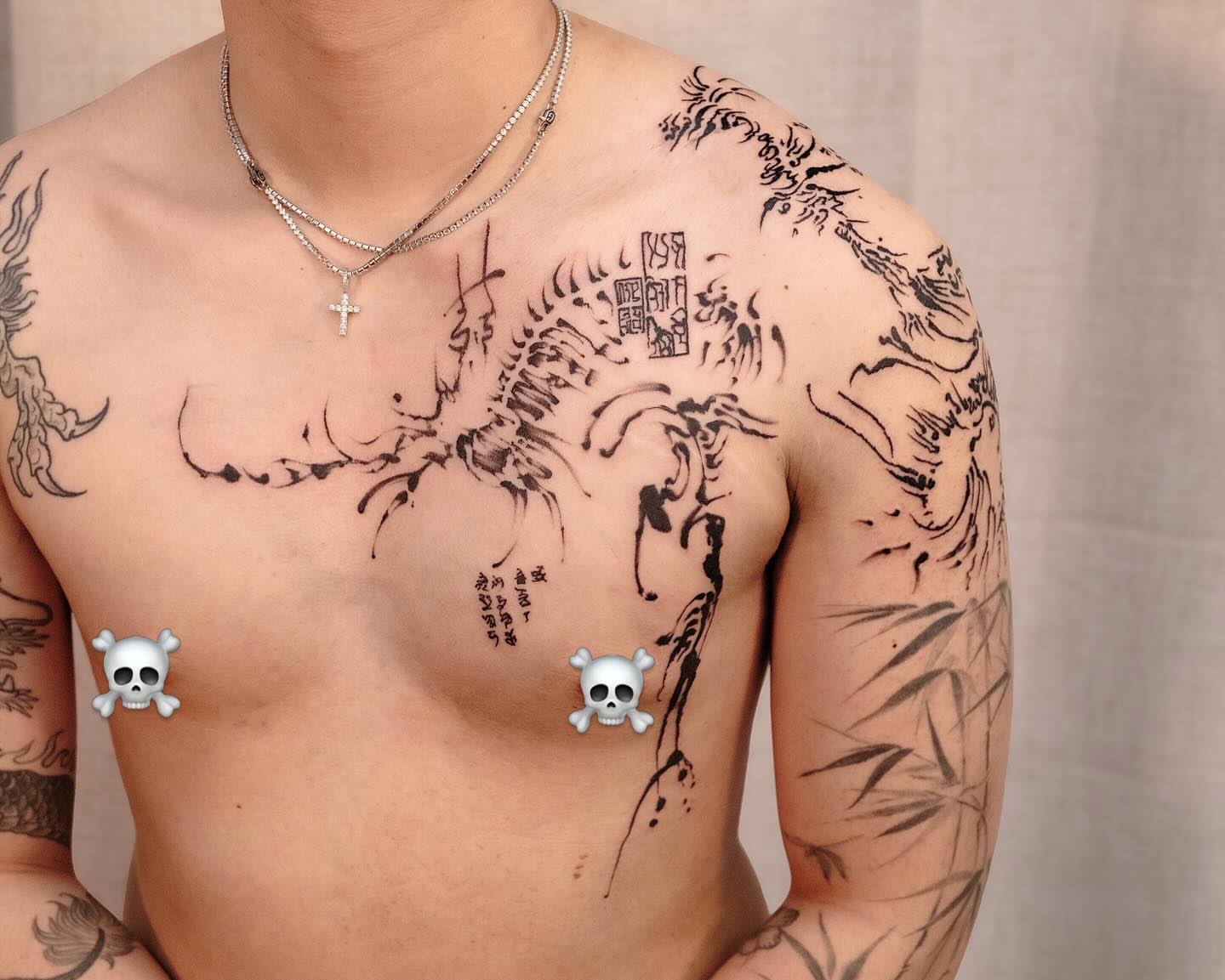 Scorpion black and grey tattoo on the chest by Koko