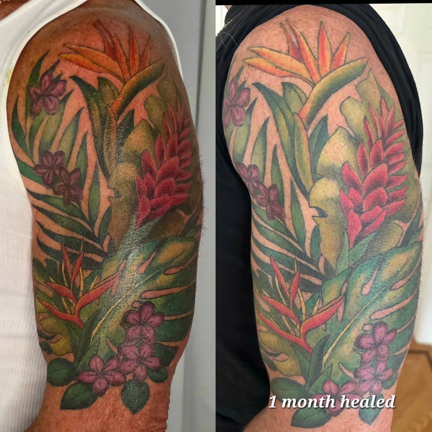 Tropical floral arrangement new school tattoo on the forearm by April High ☆ Tattoo Artist